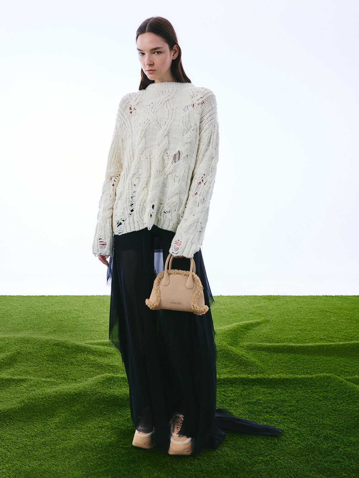 Nelly ネリ スエード&フォーシャーリングボウリングバッグ, ナツメグベージュ, hi-res