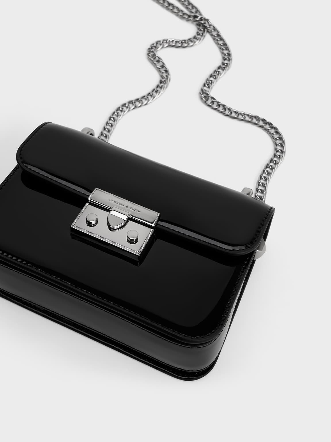 Alia アリア パテントチェーンストラップ クロスボディバッグ, ブラック, hi-res