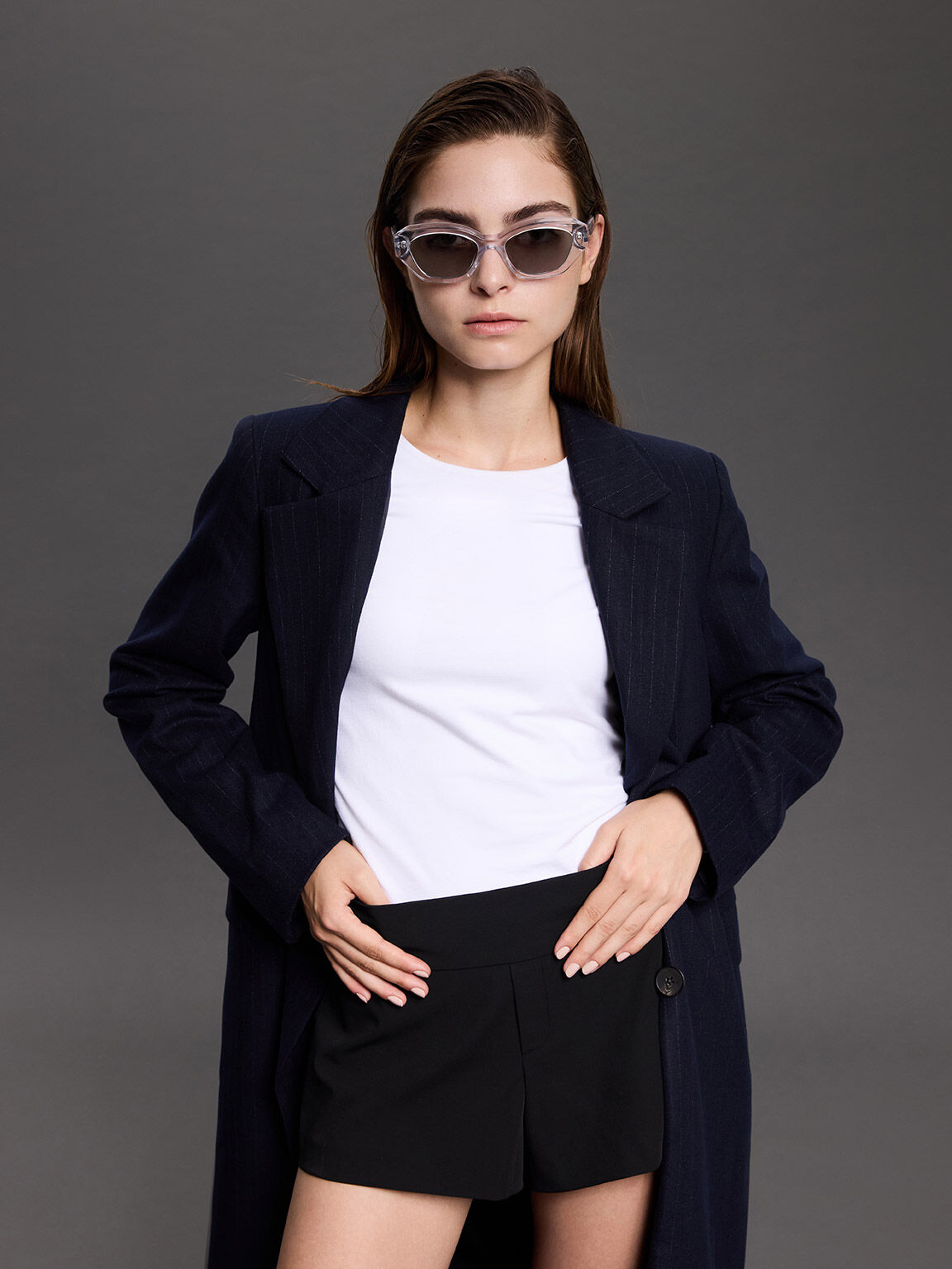 アセテートジオメトリックフレームキャットアイサングラス, クリア, hi-res