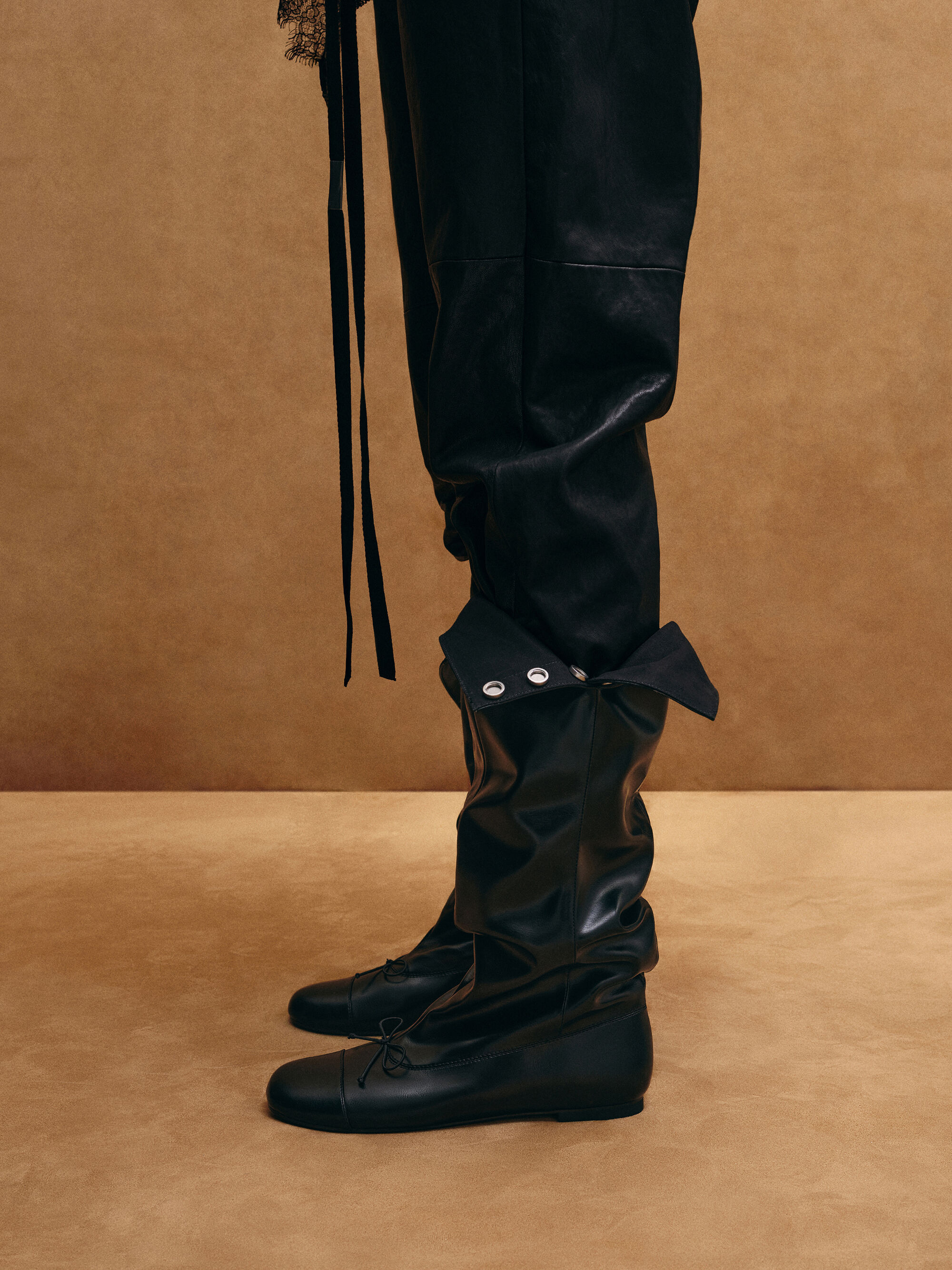 Gael ガエル ツイルスタッズスラウチーロングブーツ - ブラック