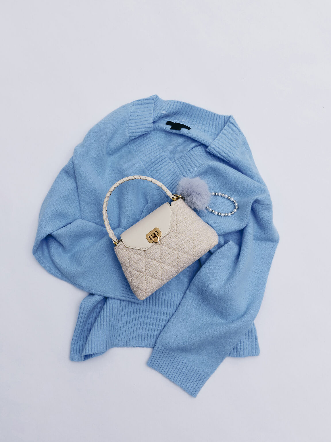 Arwen アルウェン ツイードキルトトップハンドルバッグ, クリームツイード, hi-res