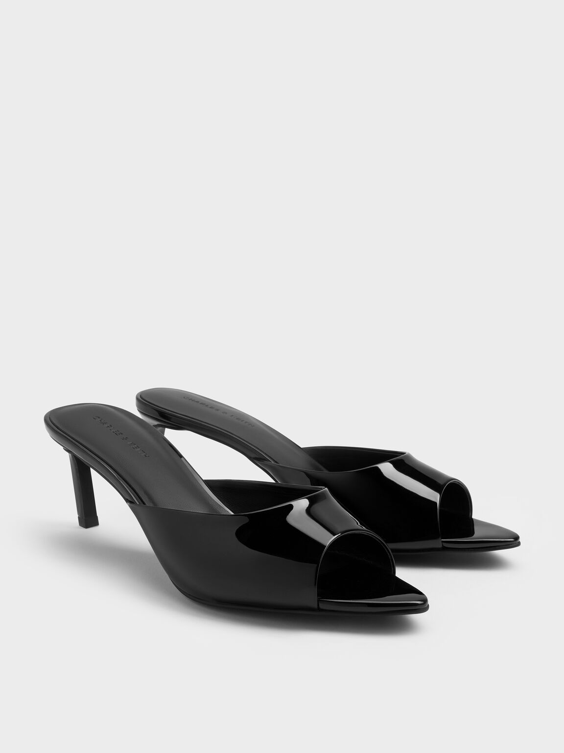 パテント ポインテッドピープトゥヒールミュール, ブラックパテント, hi-res