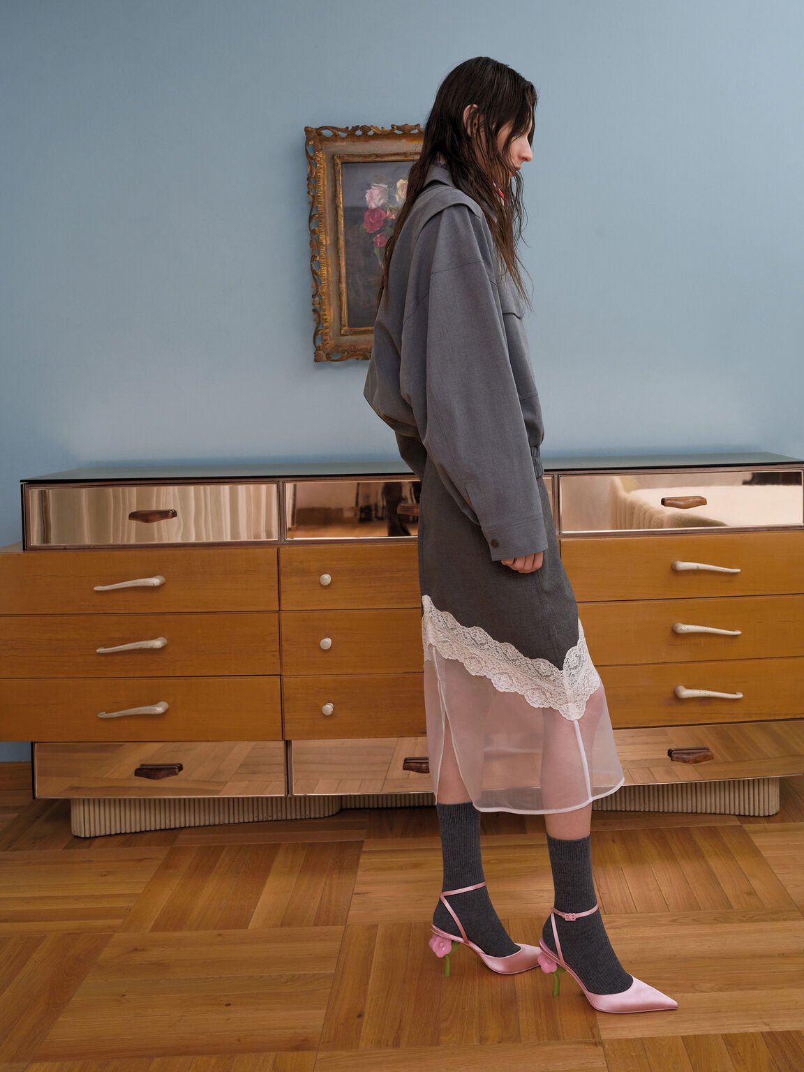 ポインテッドフラワーヒール アンクルストラップパンプス, ピンク, hi-res