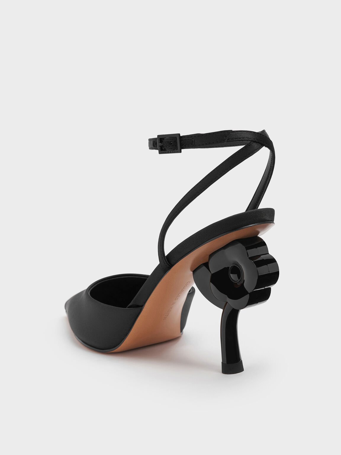 ポインテッドフラワーヒール アンクルストラップパンプス, ブラックテクスチャード, hi-res