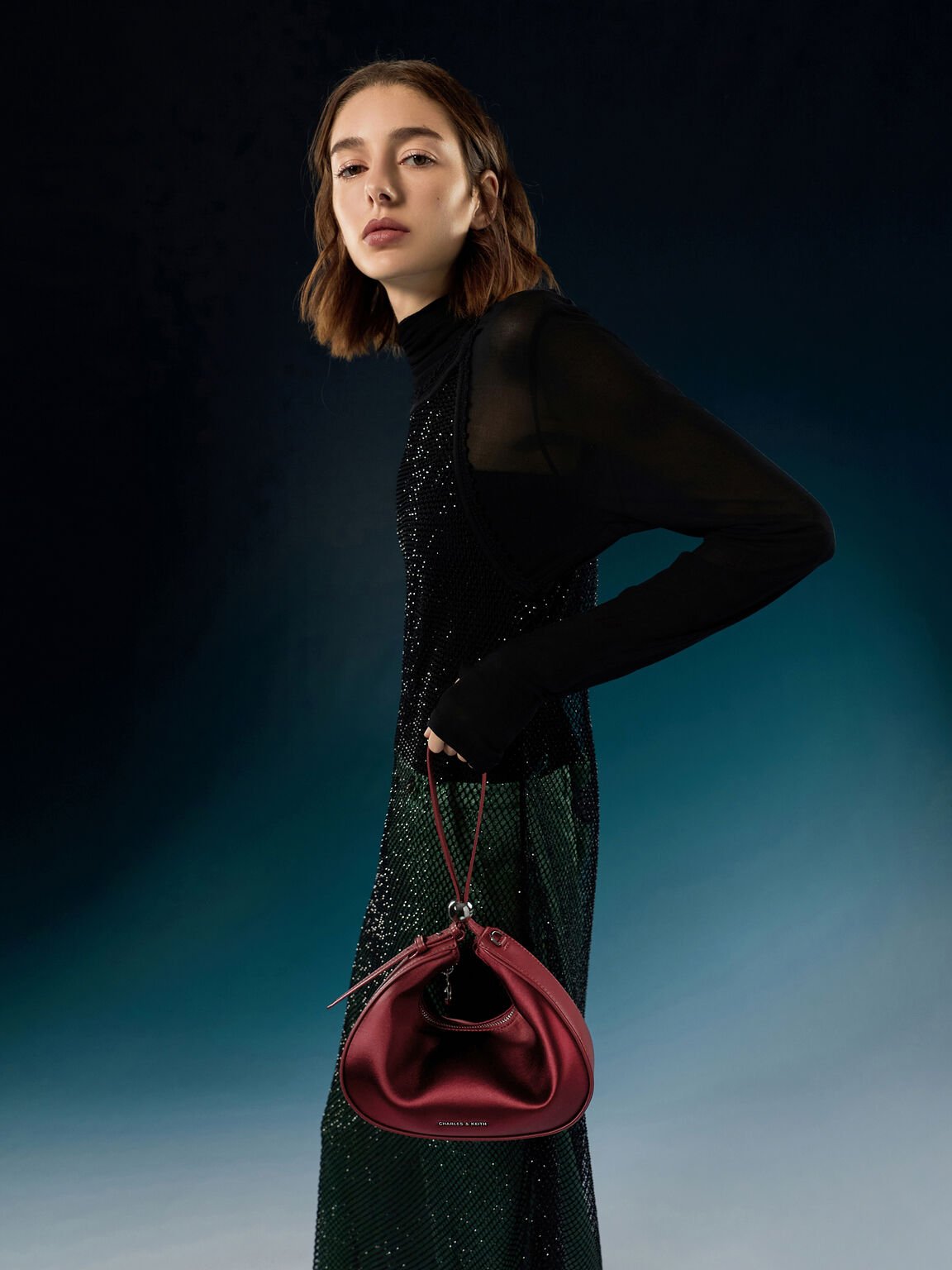 Jesmyn ジェスミン サテンクレセントツーウェイバッグ, バーガンディ, hi-res