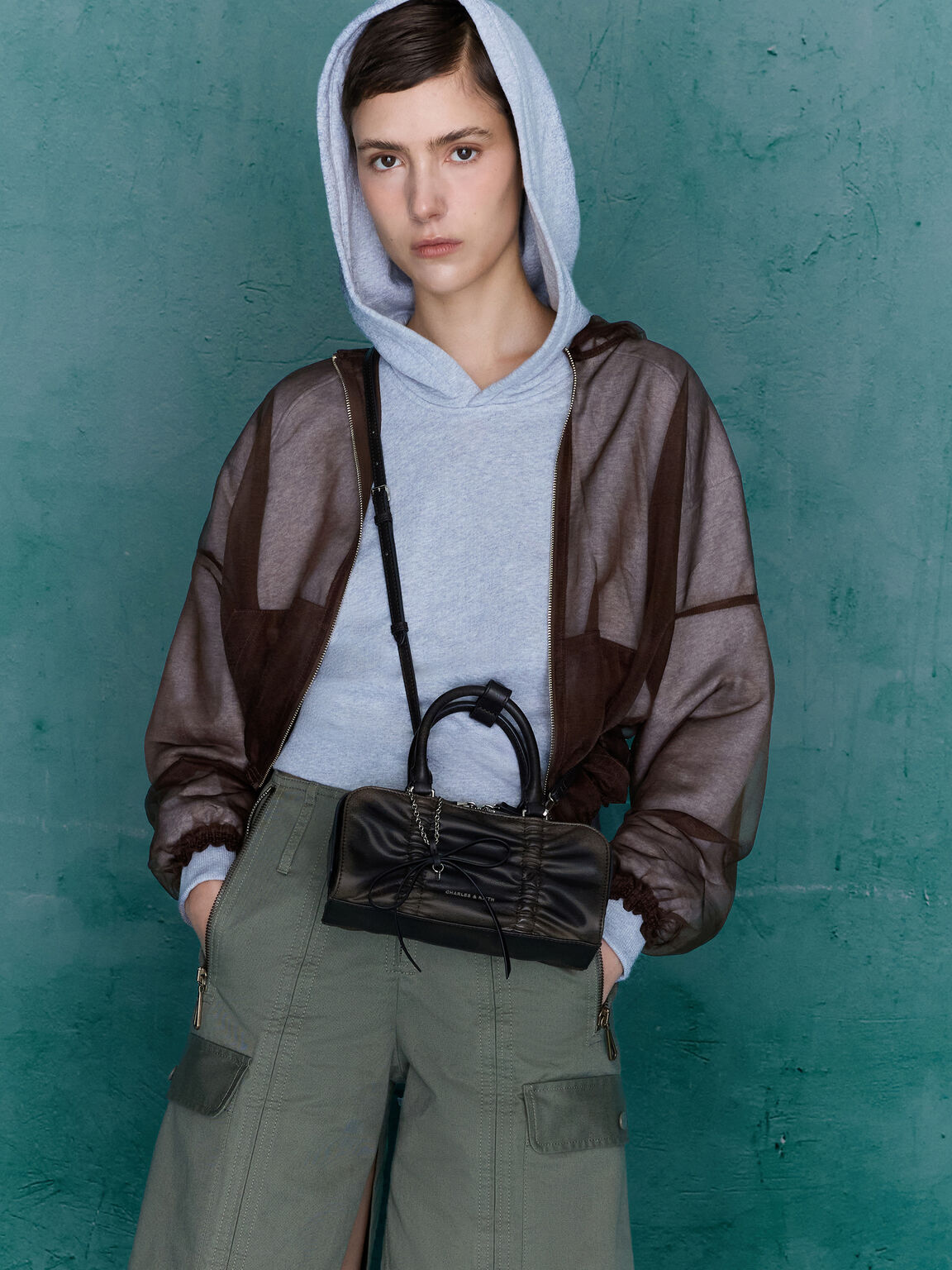 Kadee ケーディー メタリックルーシュドボウチャームボウリングバッグ, バーニシュトブラウン, hi-res