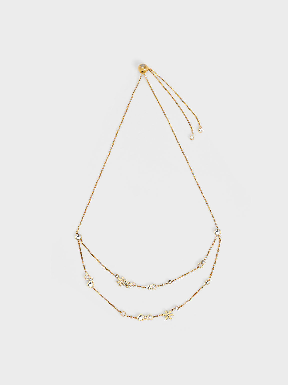 スノーフレークモチーフ パール&クリスタルダブルネックレス, ゴールド, hi-res