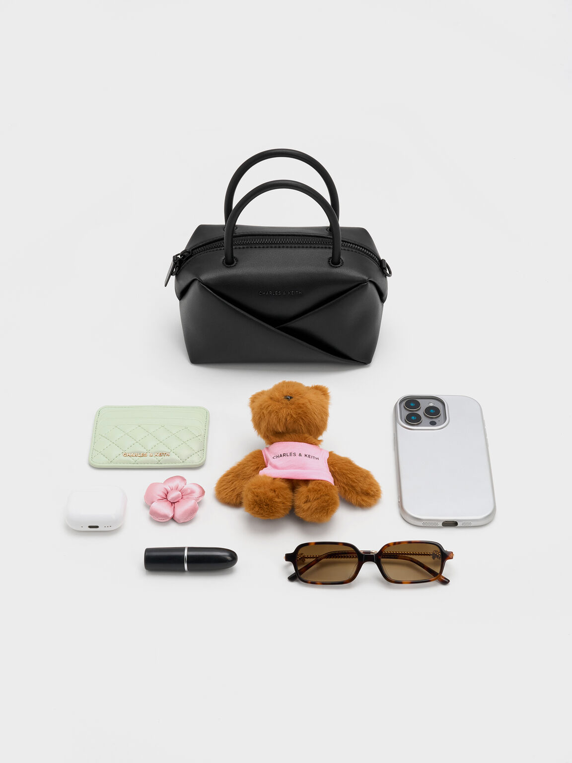 Midori ミドリ ジオメトリックボウリングバッグ, ジェットブラック, hi-res