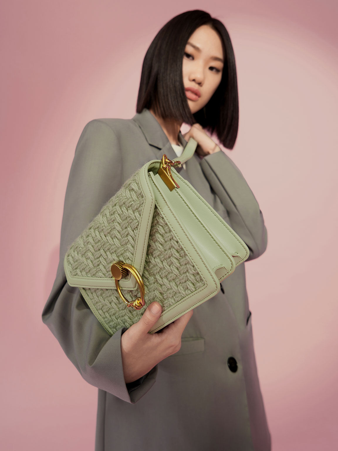 リングプッシュロック エンベロープショルダーバッグ, ミントグリーン, hi-res