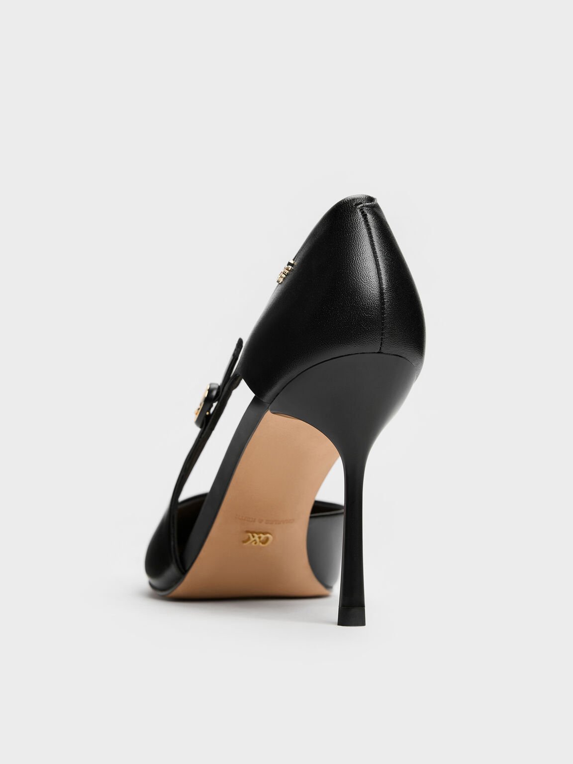 レザーバックルディテール　ポインテッドトゥスティレットパンプス, ブラック, hi-res