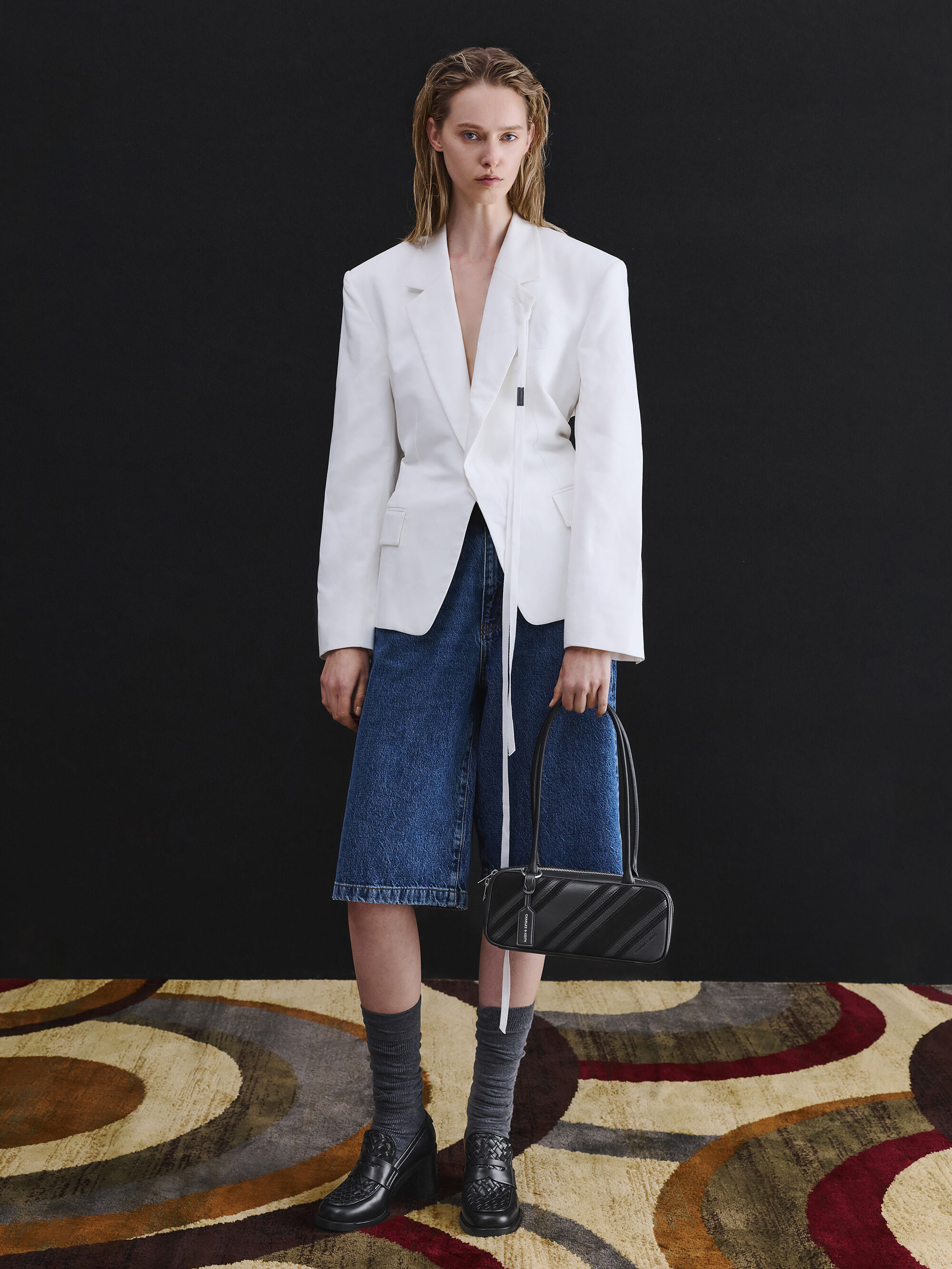 Zeya リサイクルスエード ストライプショルダーバッグ - ノワール