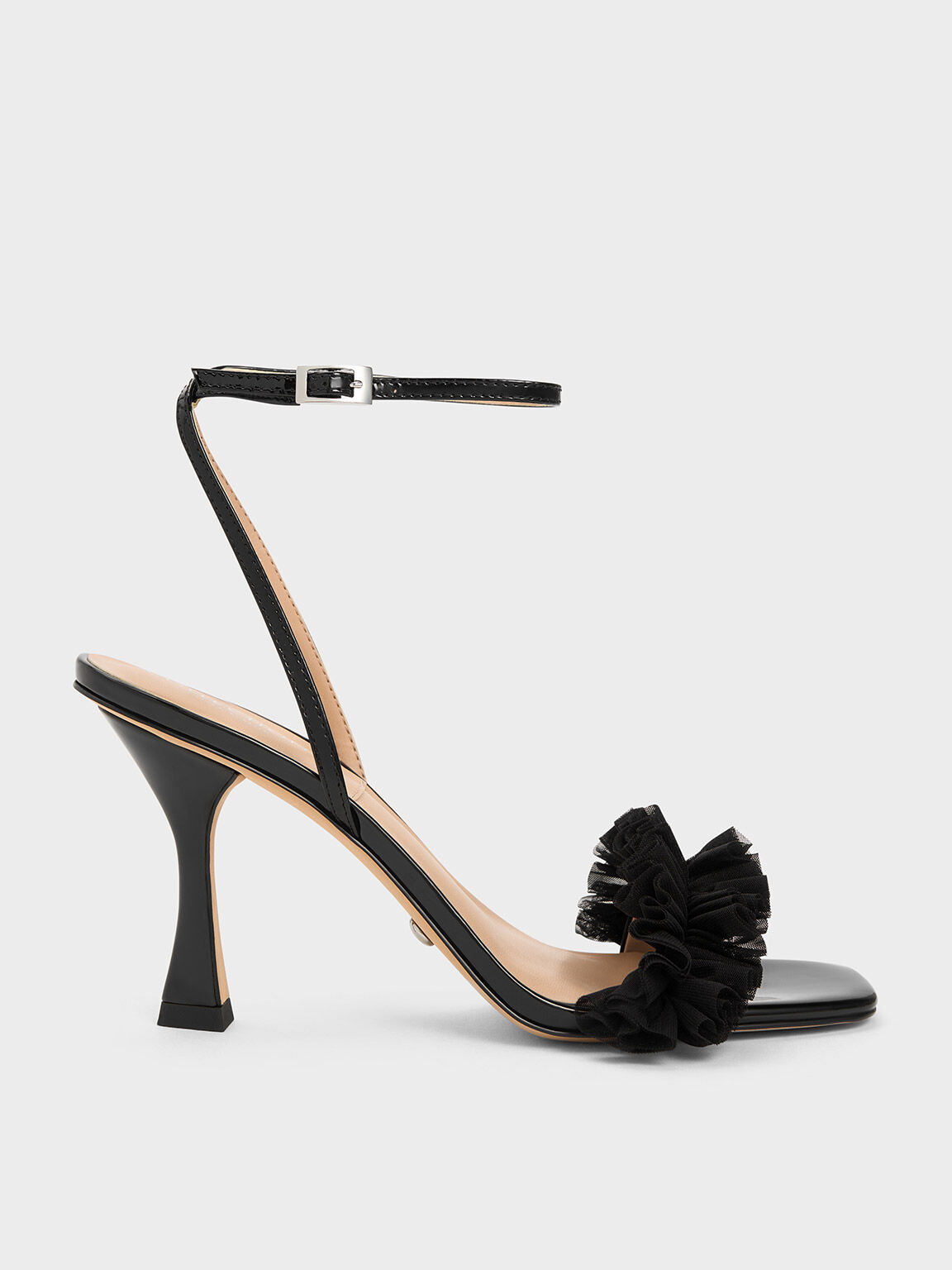 ルーシュド メッシュポリエステルヒールミュール, ブラック, hi-res