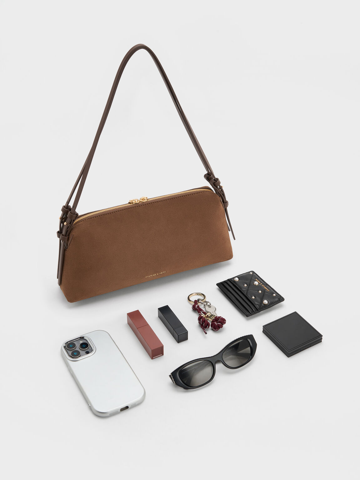 Deyna デイナ スエードメタリックアクセント ダブルストラップショルダーバッグ, モカブラウン, hi-res