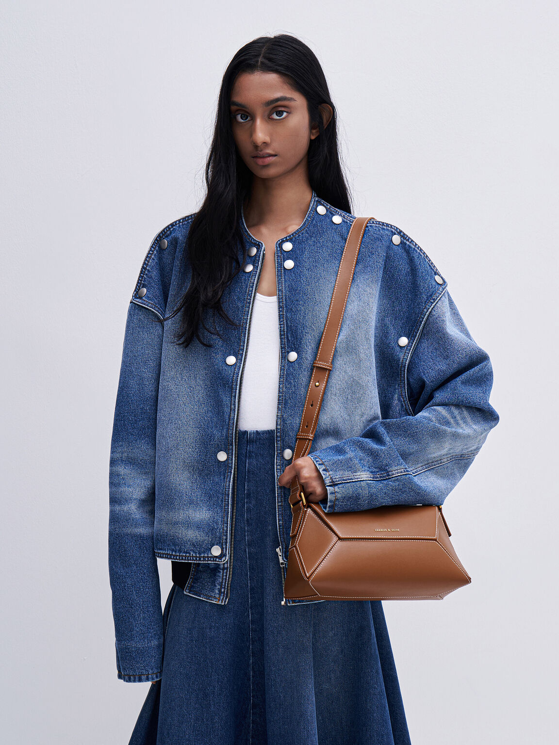 Nasrin ナスリン ジオメトリックショルダーバッグ, チョコレート, hi-res