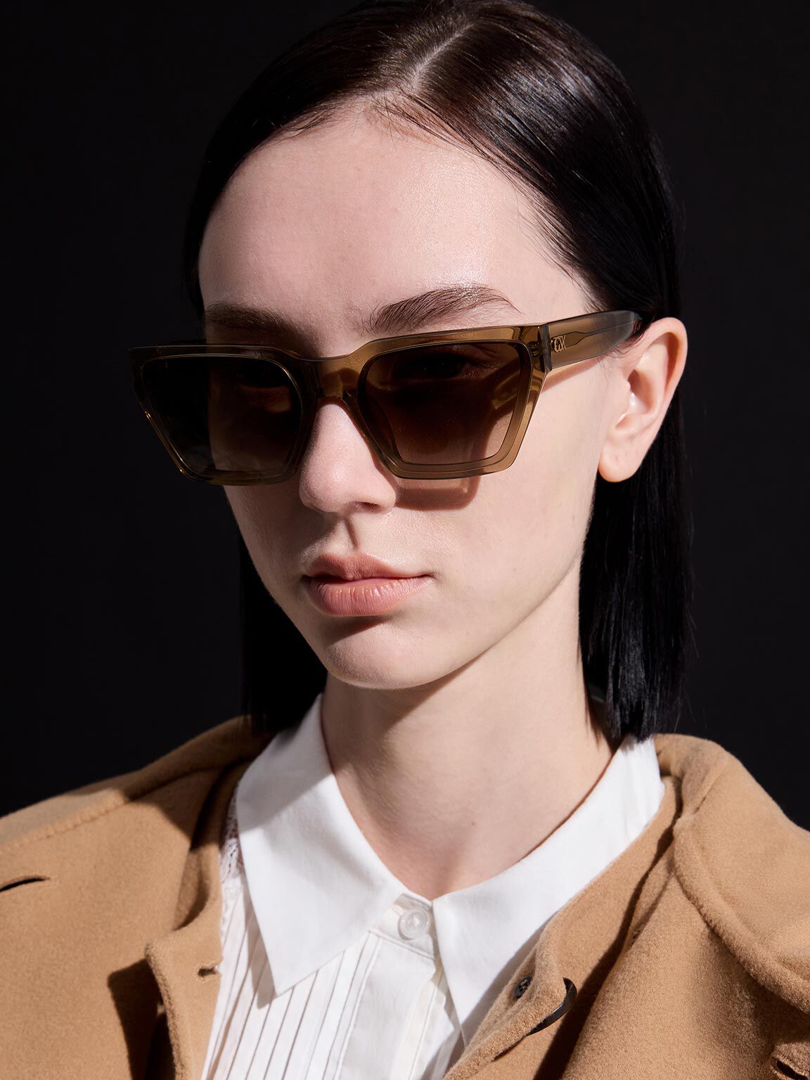 アセテート アンギュラーサングラス, カーキ, hi-res