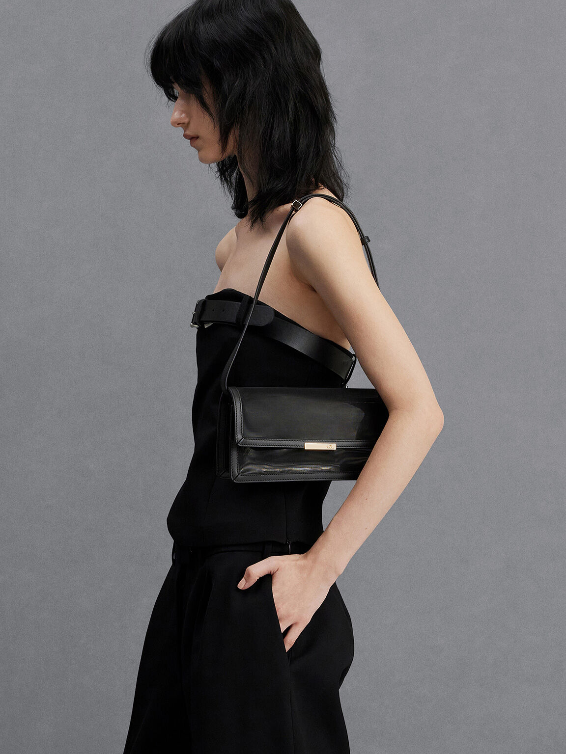 メッシュ&レザー モノグラムショルダーバッグ, ブラック, hi-res