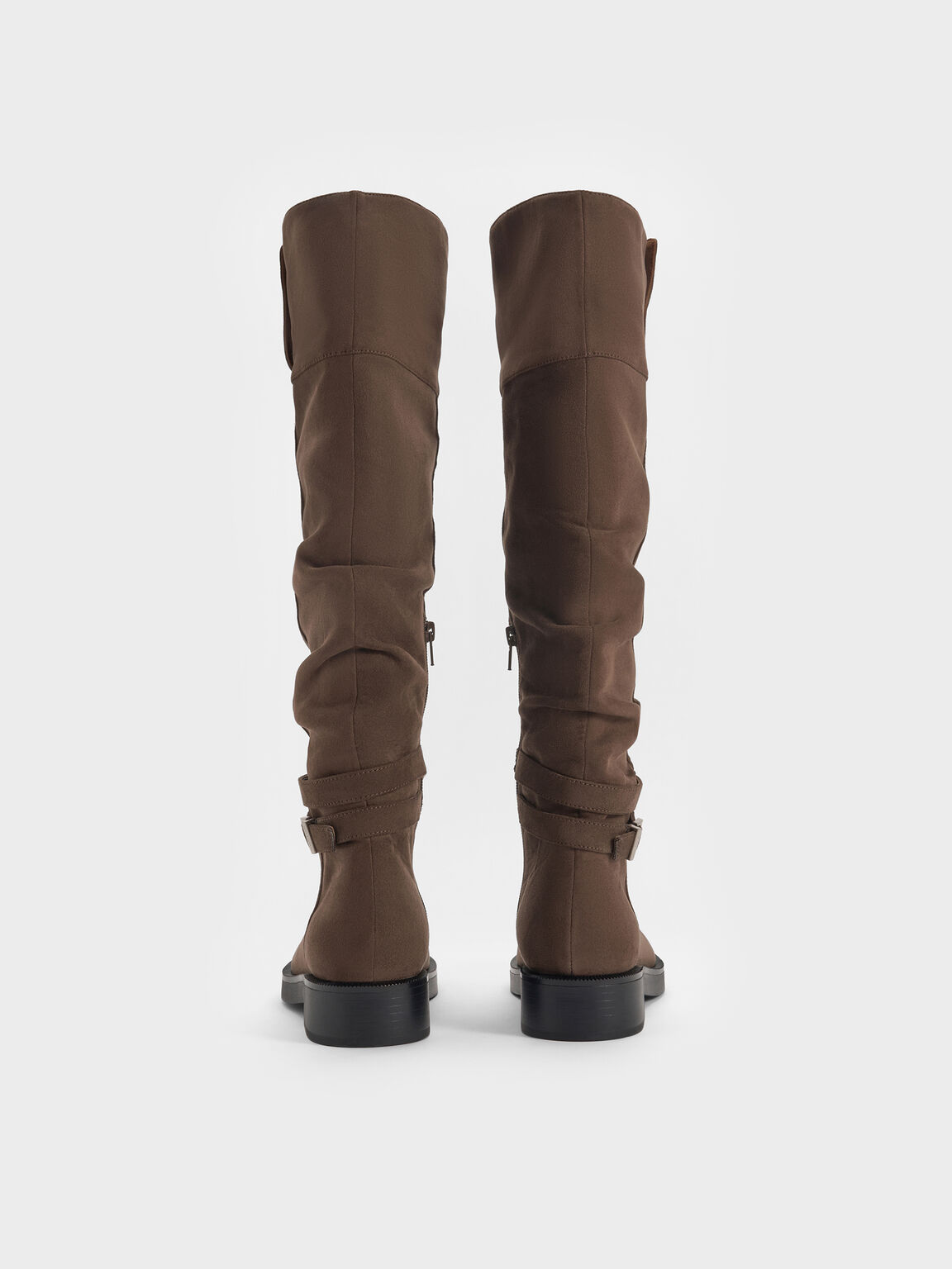 Ellis エリス ルーチドバックル フォールドオーバー サイハイブーツ, ダークブラウンテクスチャー, hi-res