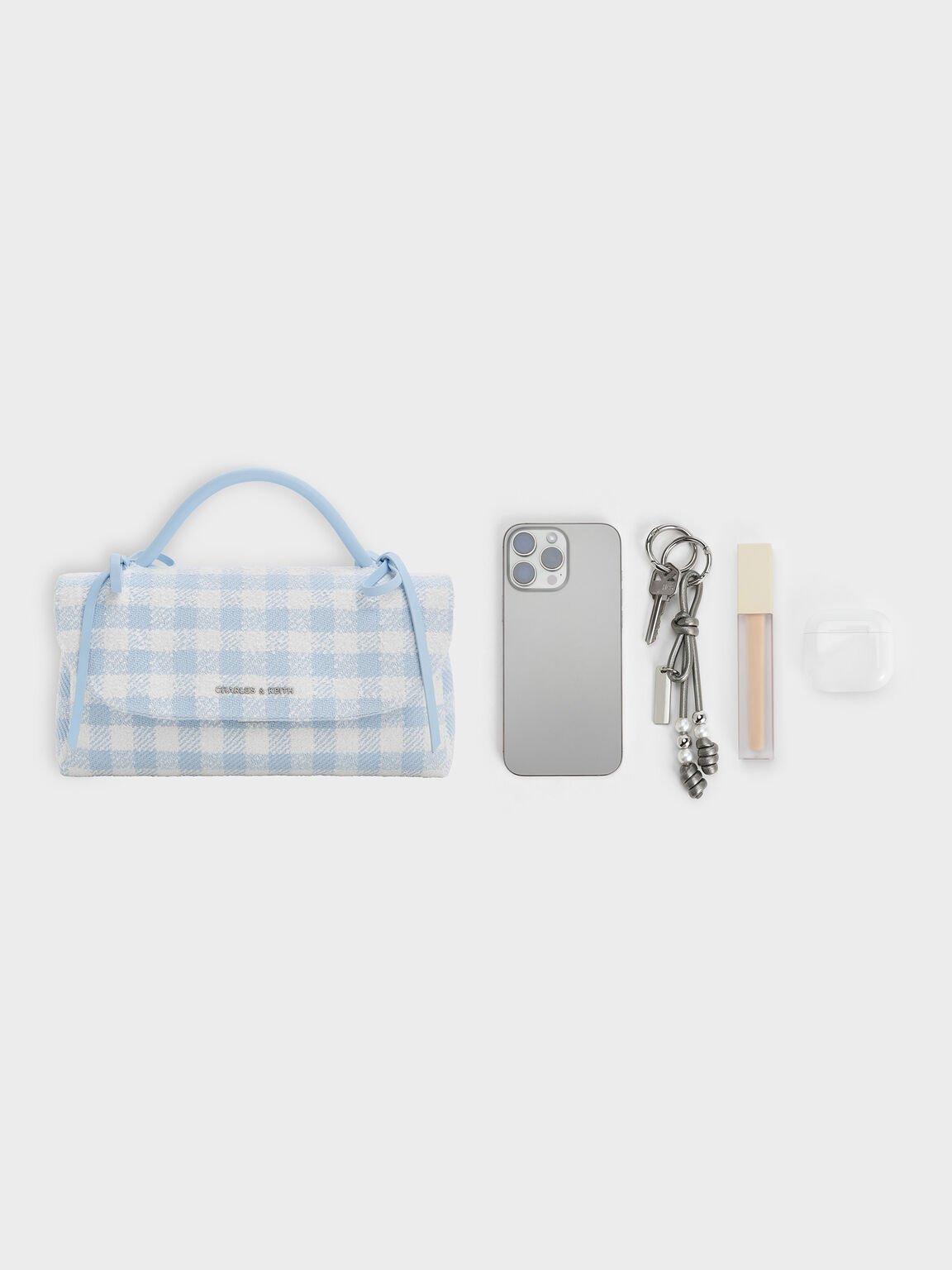 Hazel ヘーゼル ギンガムボウハンドル チェーンウォレット, ギンガムブルー, hi-res