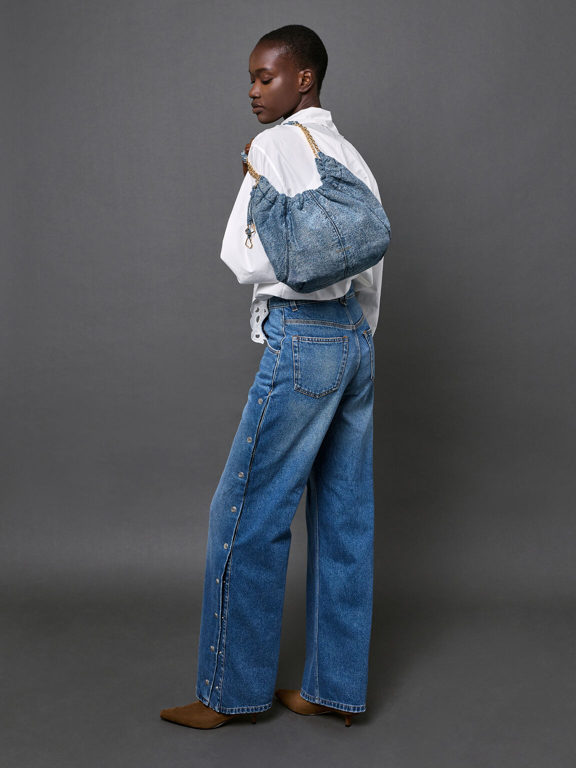 Ciara シアラ デニムルーシュドホーボーバッグ, デニムブルー, hi-res