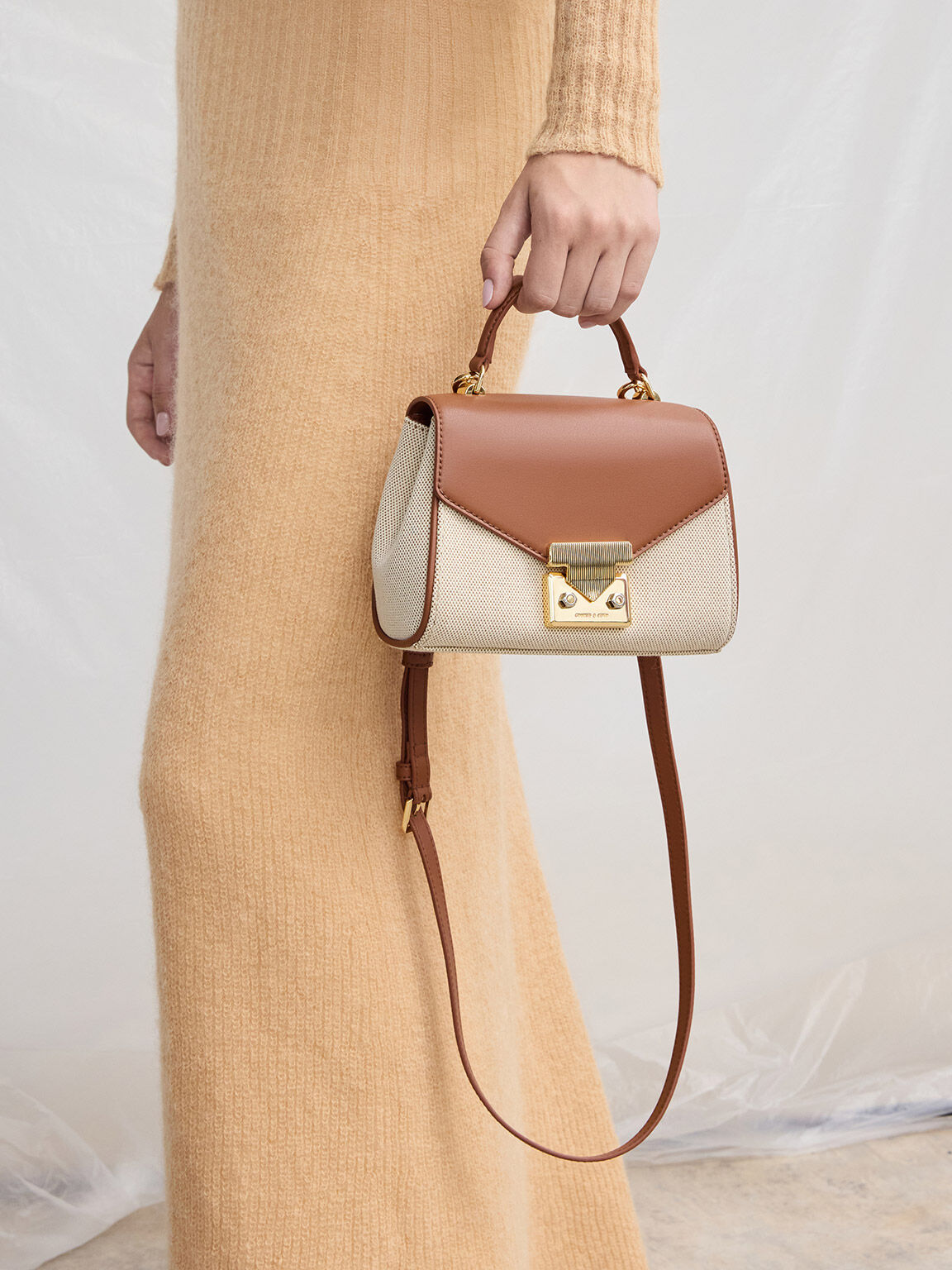 Eudora ユードラ シェブロントップハンドルバッグ, タン, hi-res