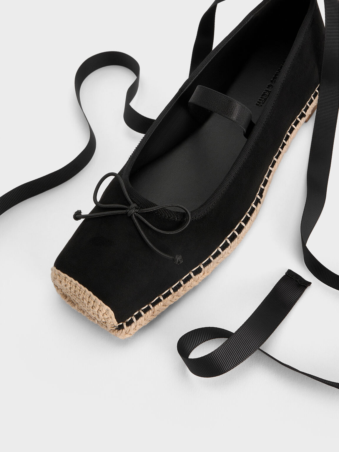 Bernadine バーナデイン フォースエード ボウタイアラウンドエスパドリーユバレエフラット, ブラックテクスチャード, hi-res