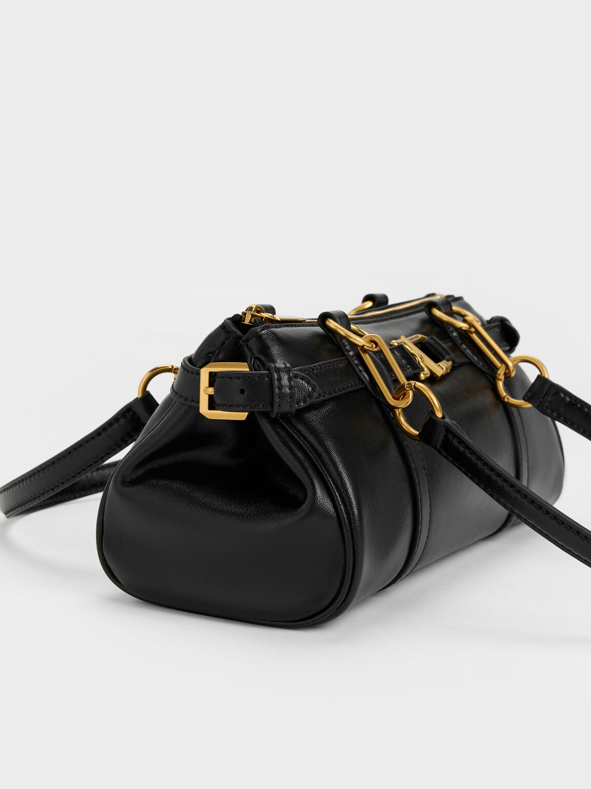 Gwynne グウィン メタリックアクセント イーロンゲイティド ショルダーバッグ, ブラック, hi-res