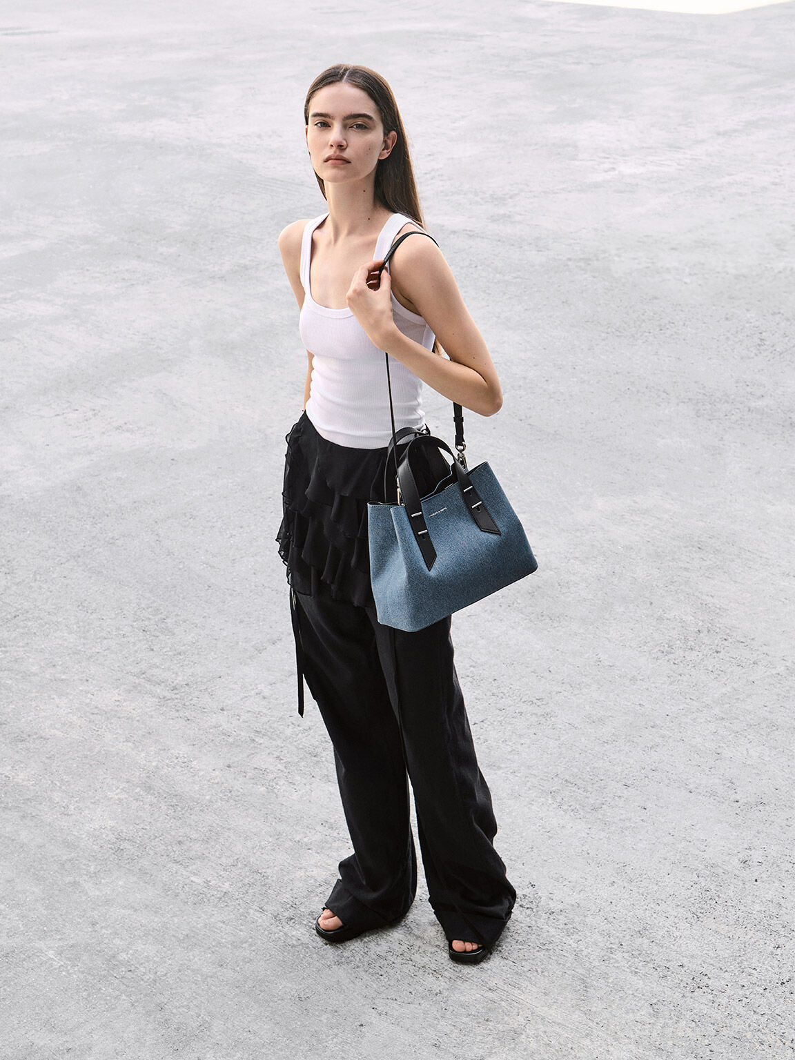 ダブルハンドル スラウチーバッグ, デニムブルー, hi-res