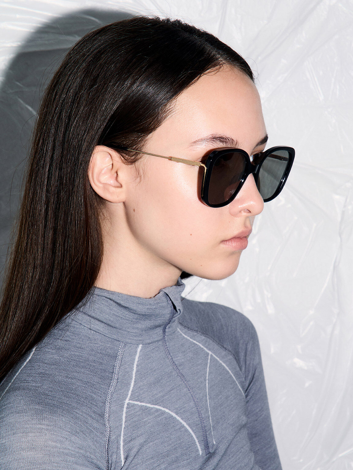 アセテート ワイドフレームバタフライサングラス, ブラック, hi-res