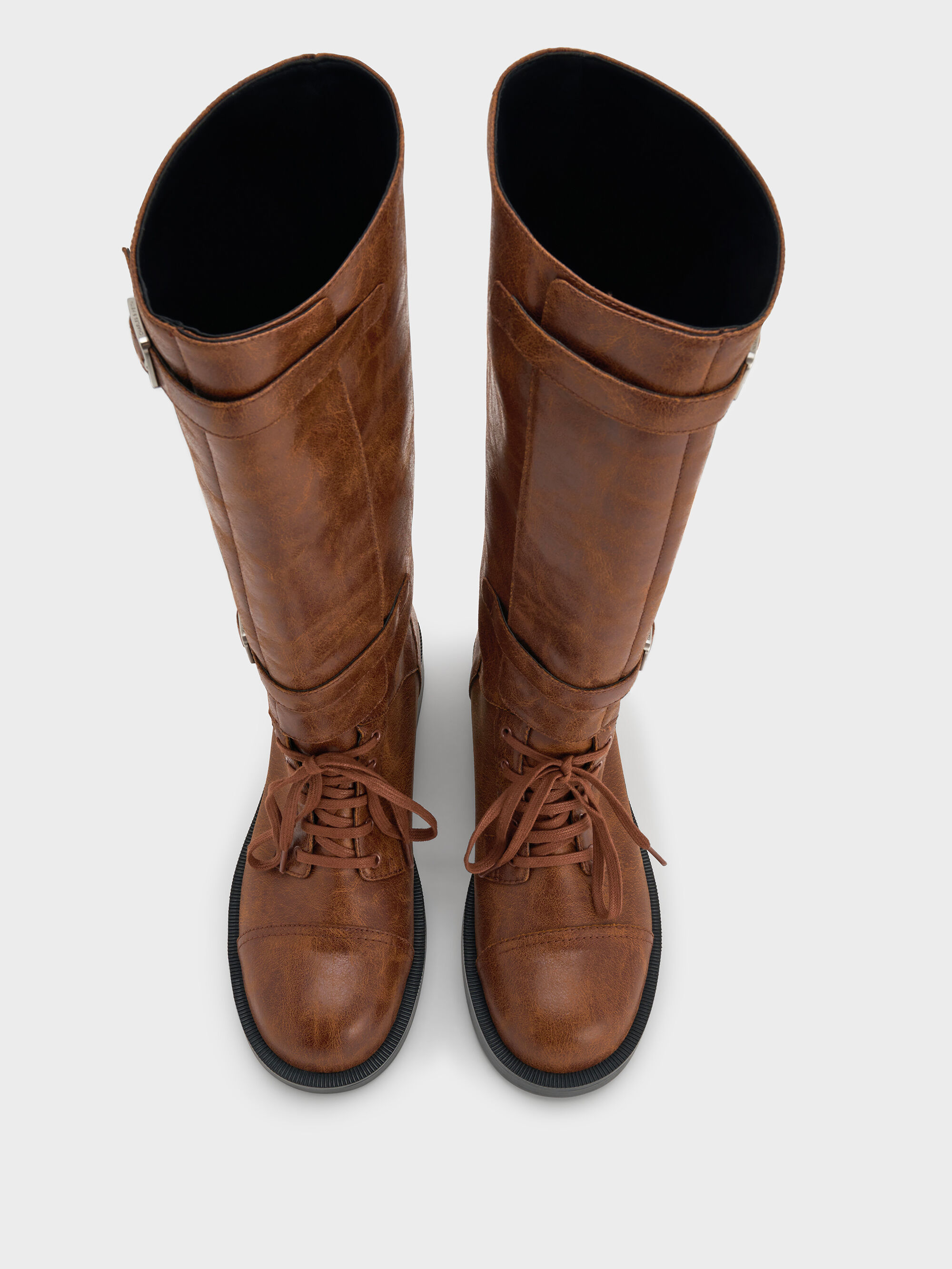 ダブルバックル コンバットロングブーツ - ブラウン | CHARLES & KEITH