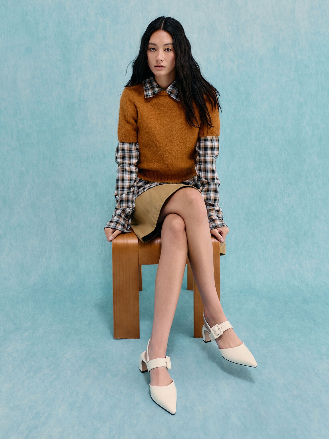 ツートーン バックルポインテッドスリングバックパンプス, バター, hi-res