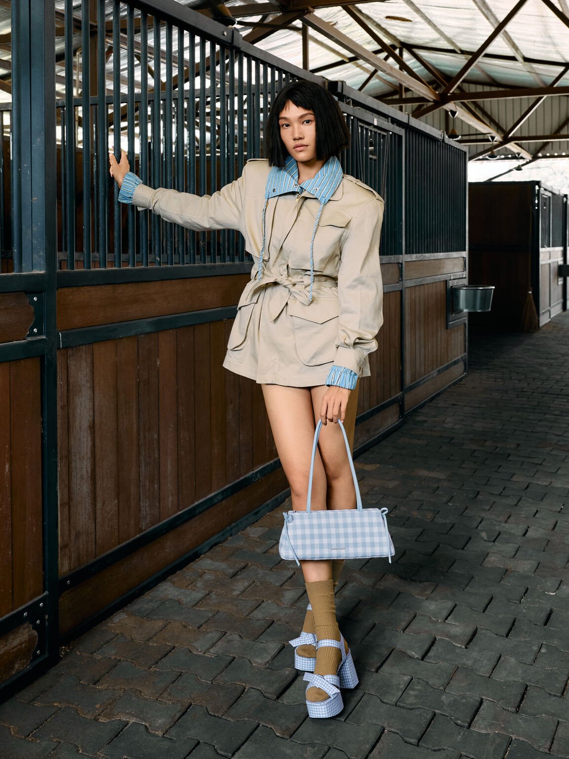 Hazel ヘーゼル ギンガムボウショルダーバッグ, ギンガムブルー, hi-res