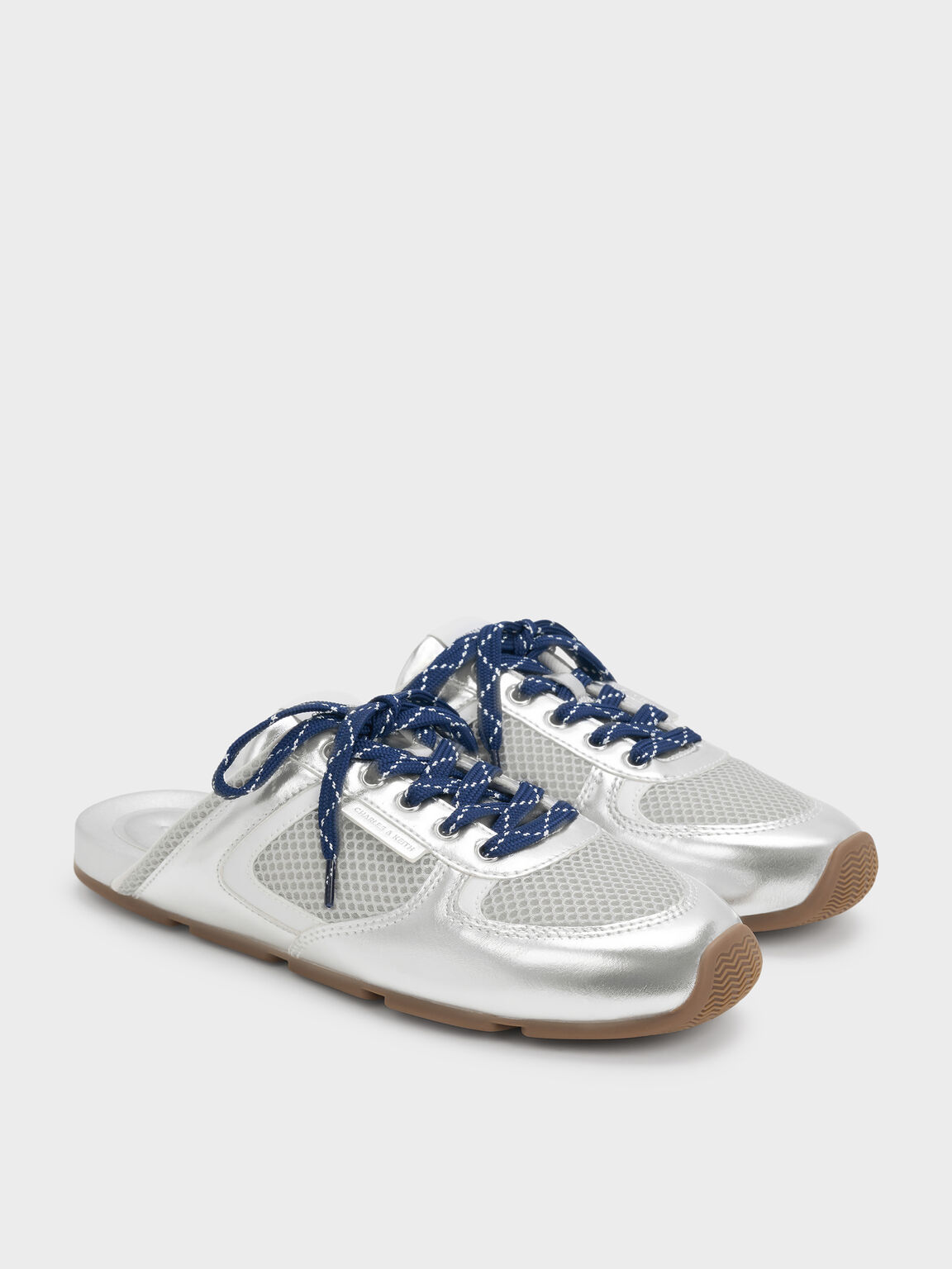 テクスチャー レースアップスリッポンスニーカー, シルバー, hi-res