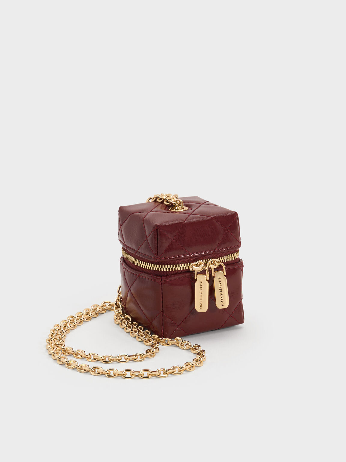 Janie マイクロジェイニー キルトチェーンハンドルボクシーポーチ, バーガンディ, hi-res