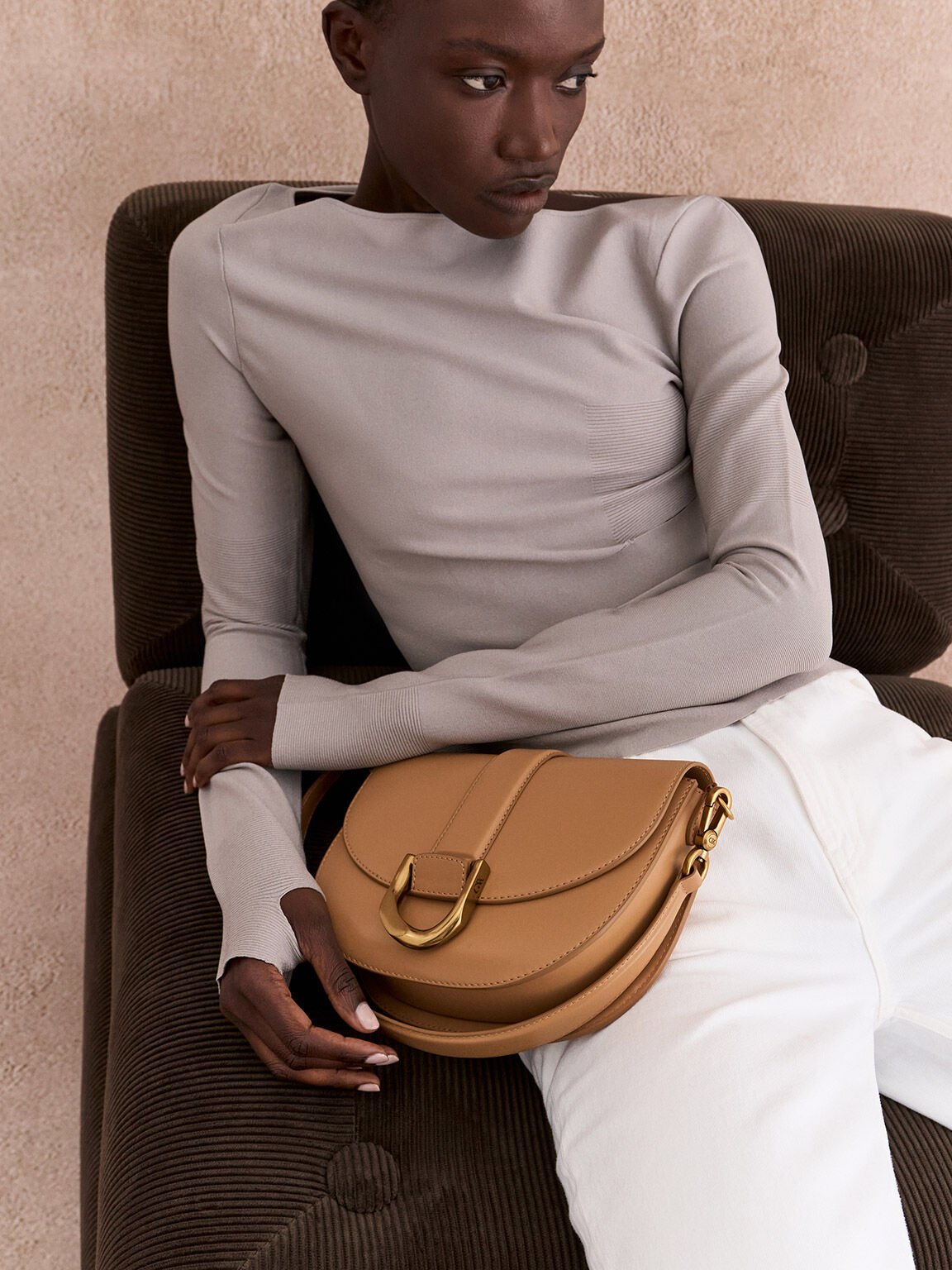 Gabine ガビーヌ レザーサドルバッグ, トフィー, hi-res