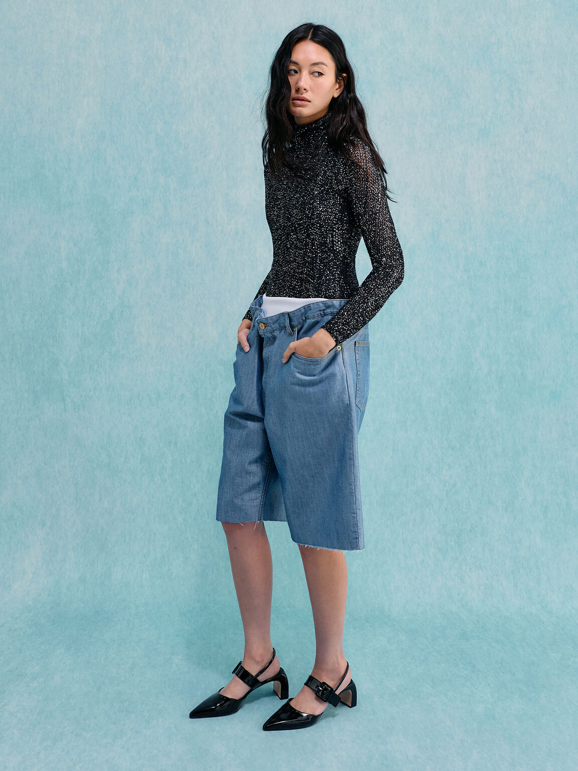 ツートーン バックルポインテッドスリングバックパンプス, ブラックパテント, hi-res