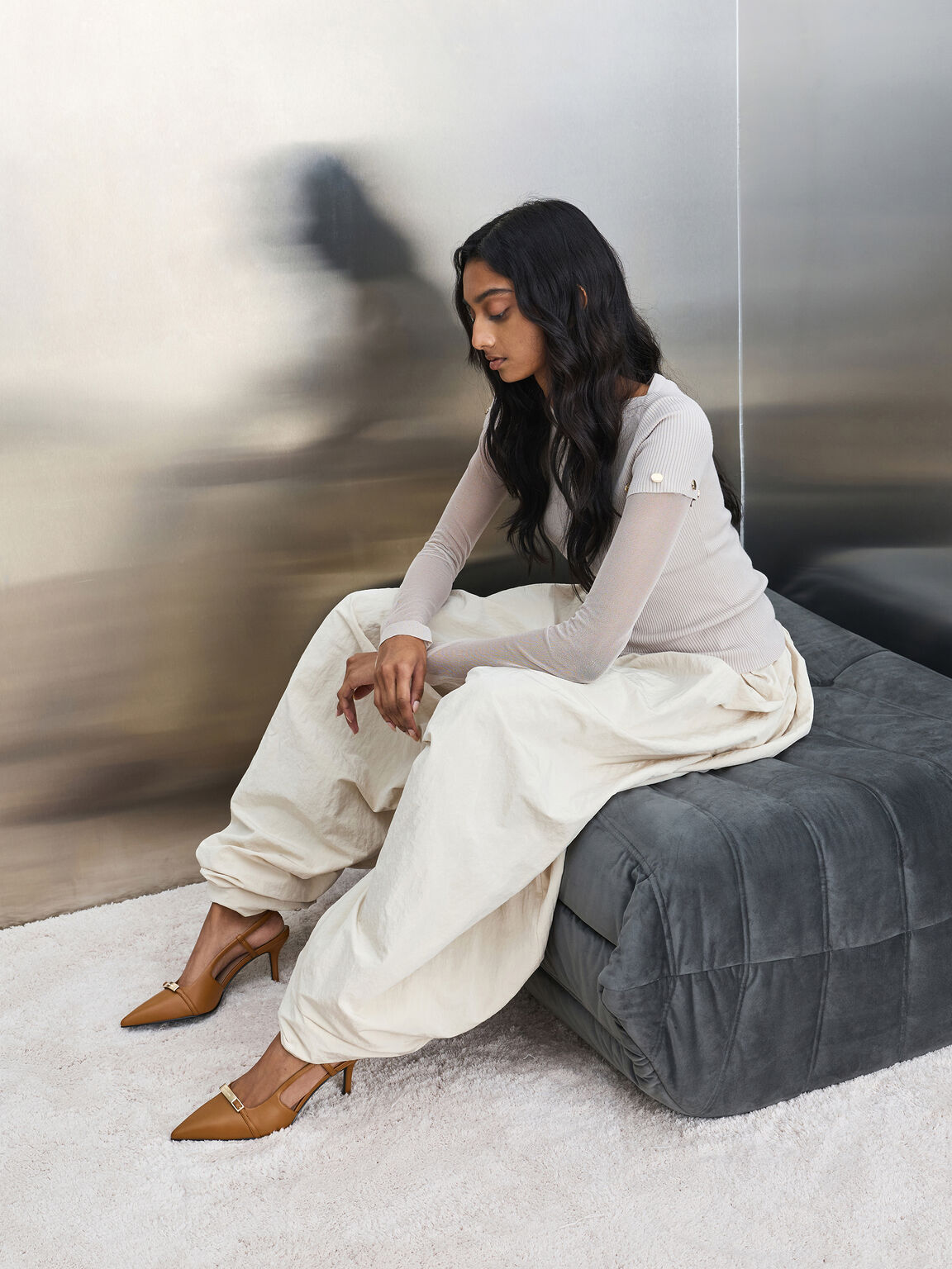 メタリックバー ポインテッドスリングバックスティレット, コニャック, hi-res