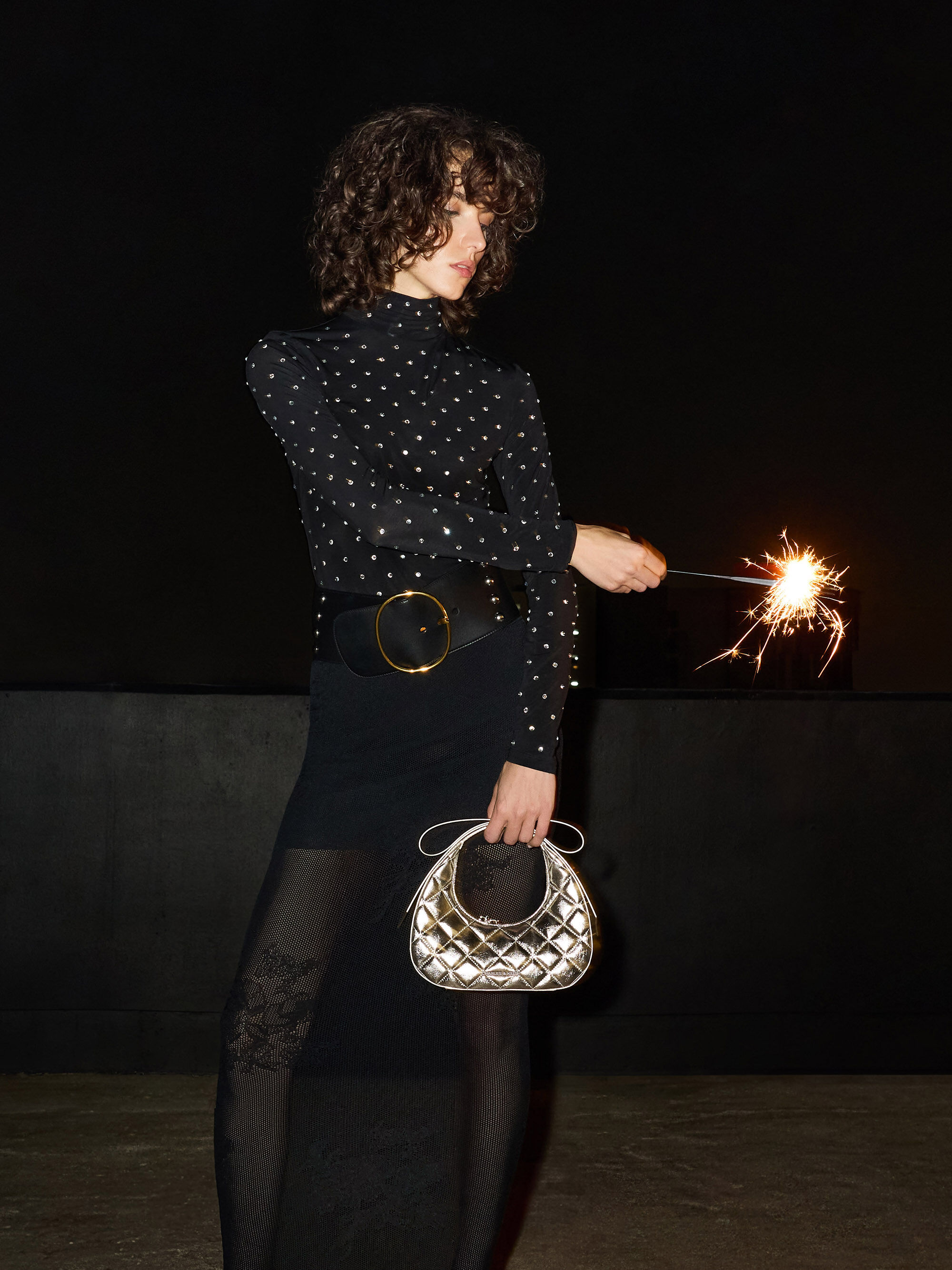 Janie ジェイニー キルトボウハンドル クレセントバッグ - シャンパン