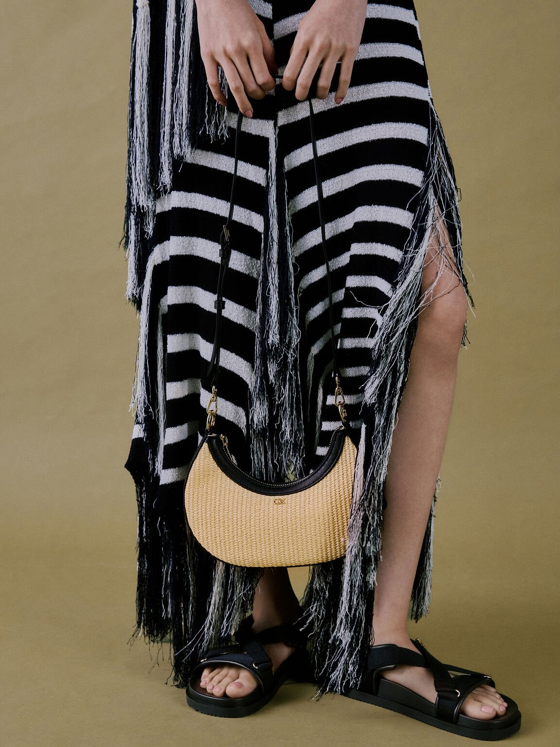 ラフィア&レザー クレセントホーボーバッグ, ニュートラルラフィア, hi-res