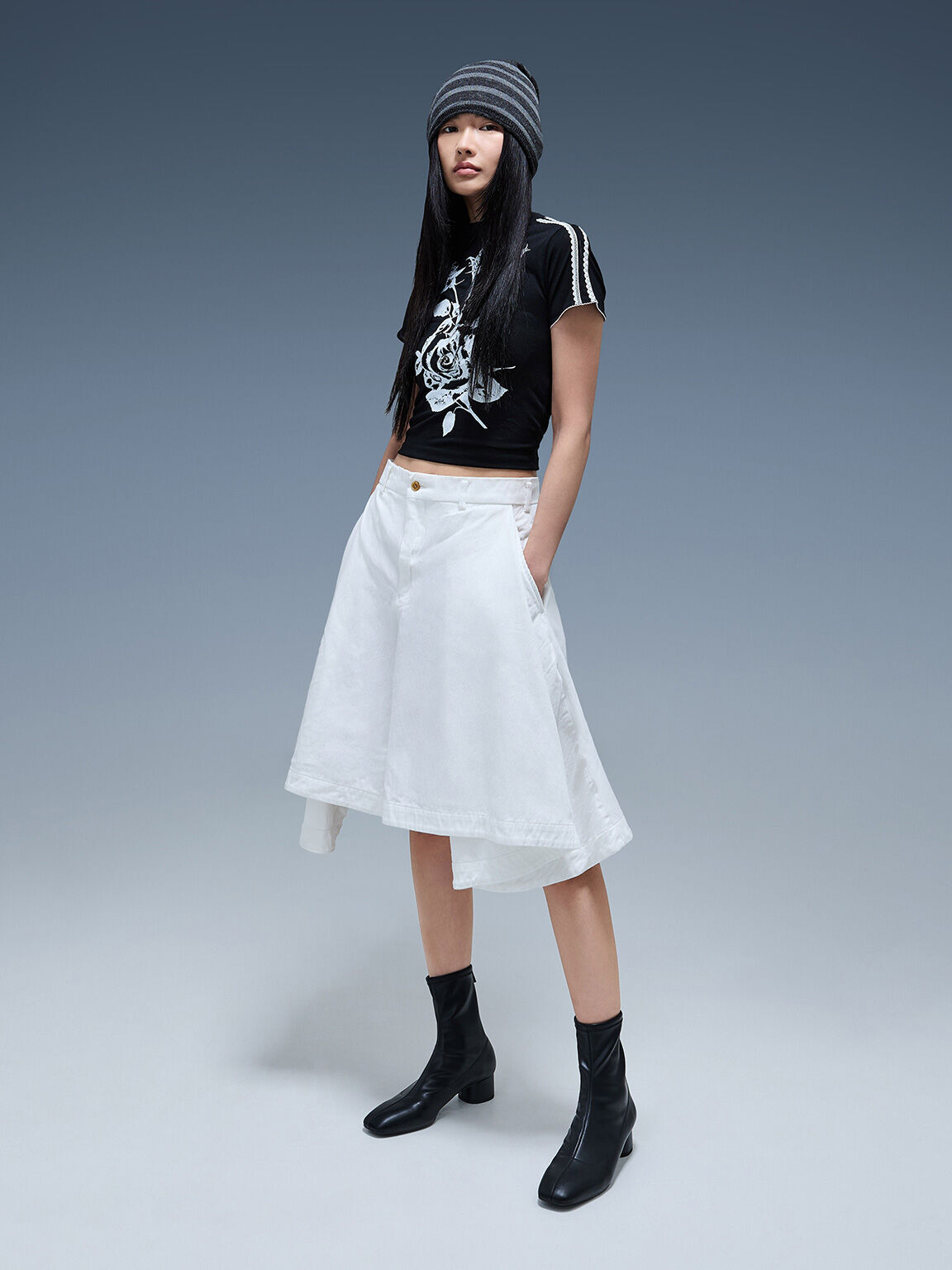 ステッチトリム ヒールアンクルブーツ, ブラック, hi-res