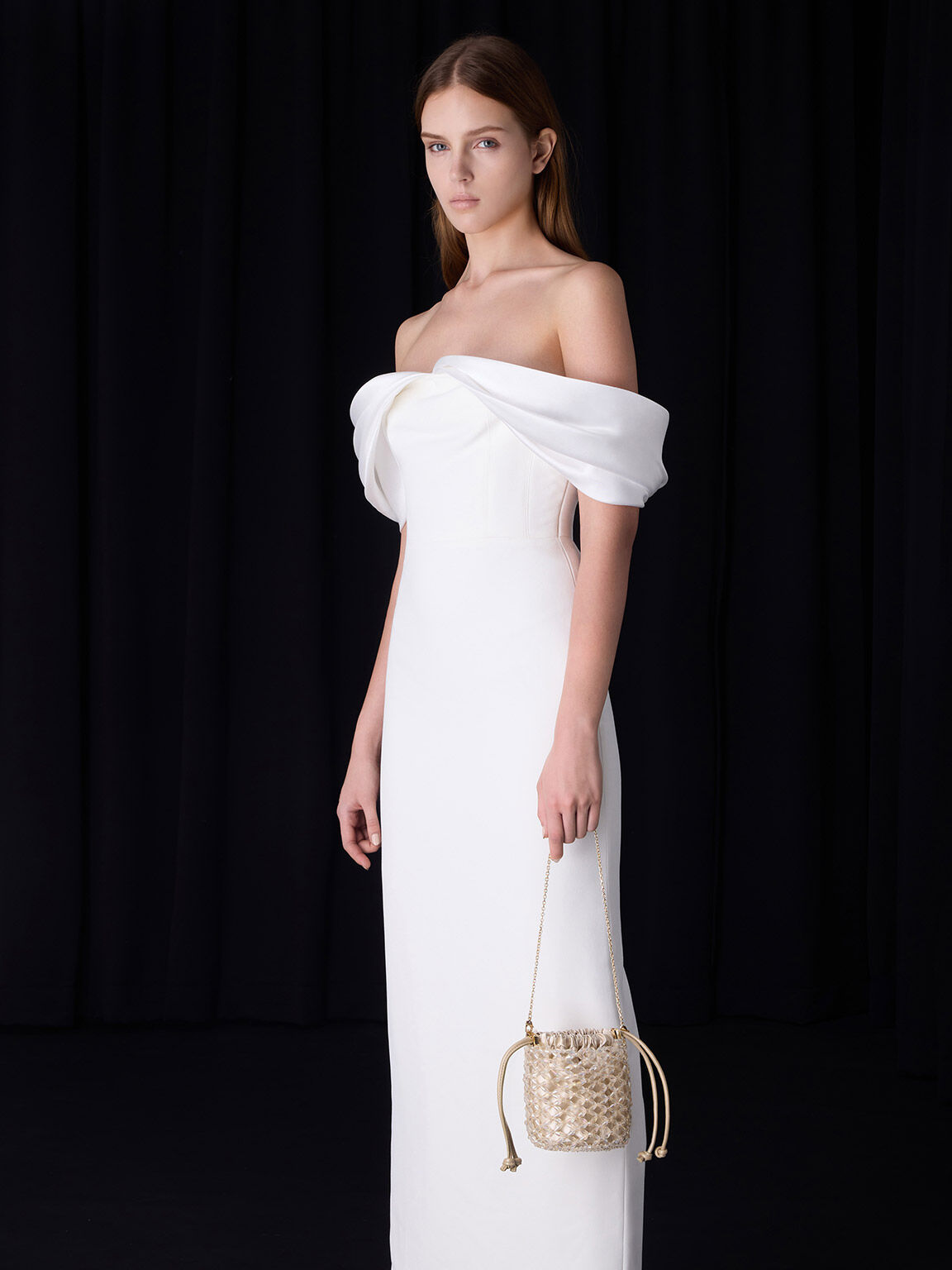 ビーズド チェーンハンドルバケツバッグ, シャンパン, hi-res