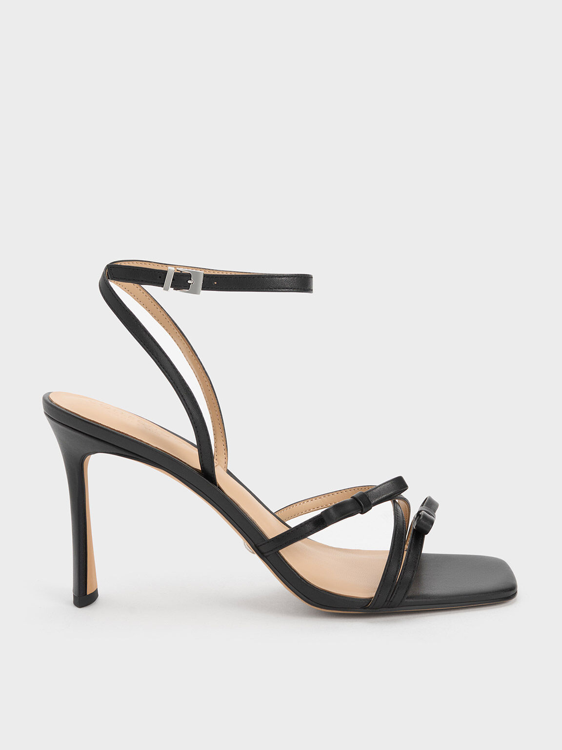 レザー ボウストラッピーサンダル, ブラック, hi-res