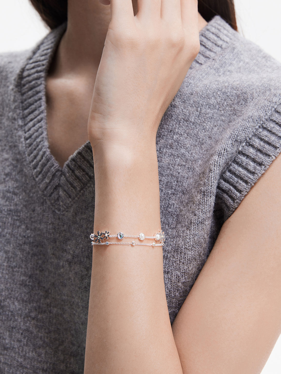 スノーフレークモチーフ パール&クリスタルダブルブレスレット, シルバー, hi-res