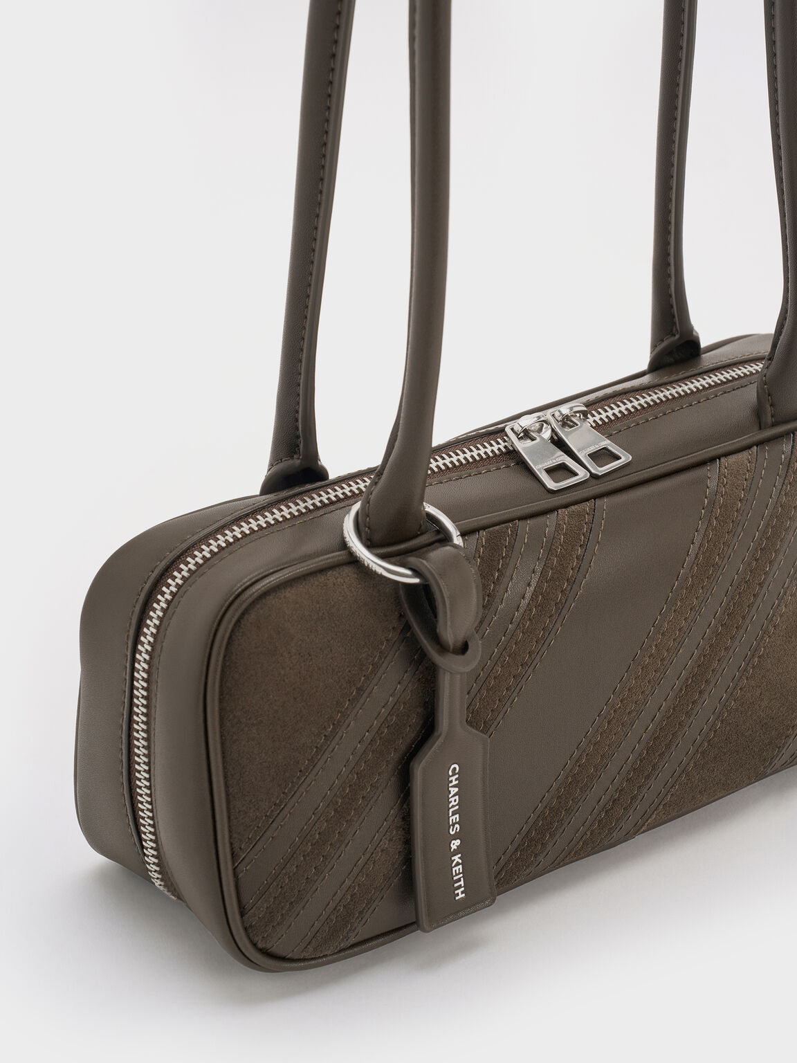 Zeya リサイクルスエード ストライプショルダーバッグ, ダークモス, hi-res