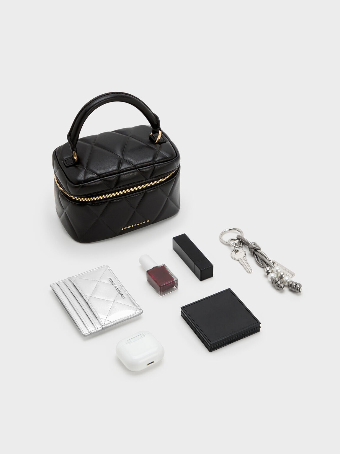 Arwen アルウェン&nbsp;キルトトップハンドルバニティバッグ, ブラック, hi-res