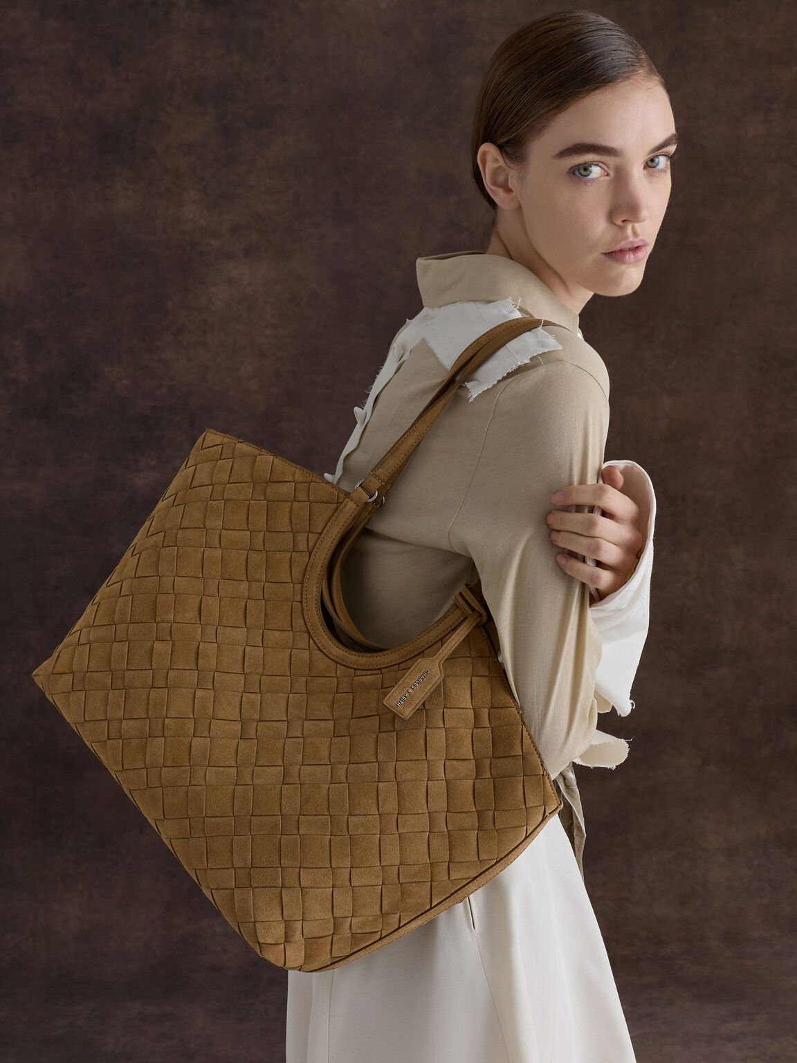 Ivette イヴェット スエードウーブントートバッグ, サハラサンド, hi-res