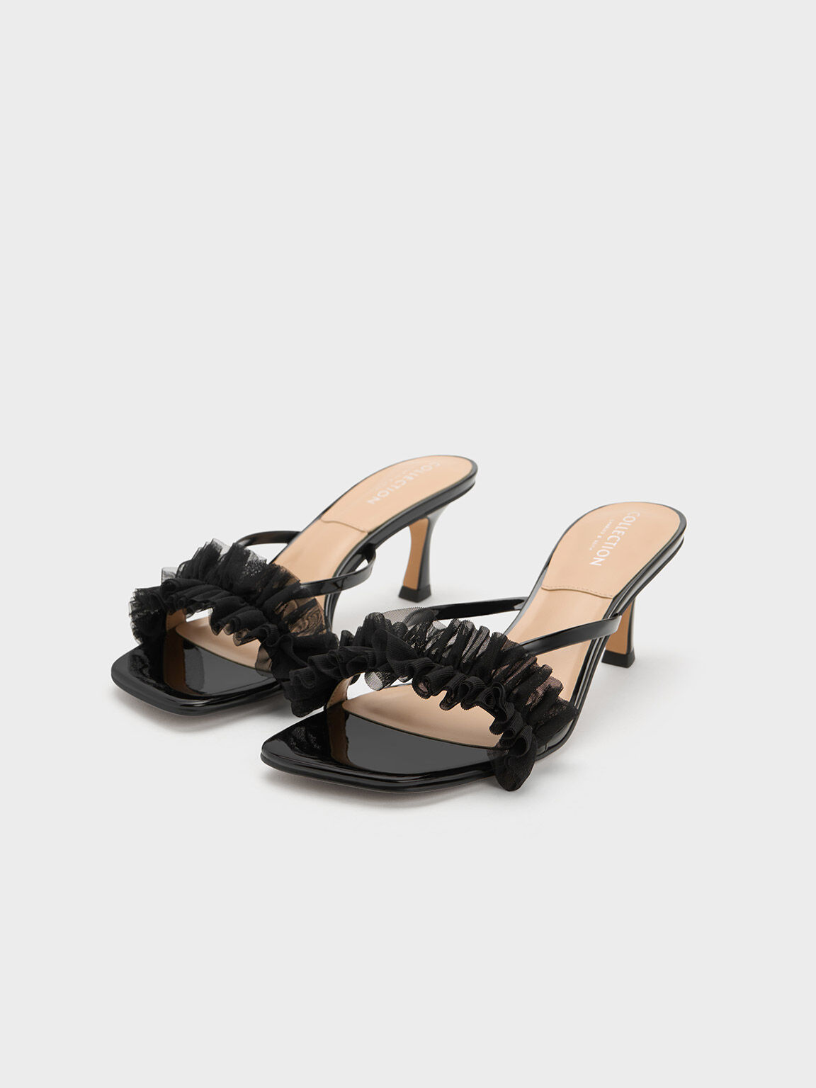 パテントレザー ラッフルメッシュヒールミュール, ブラック, hi-res