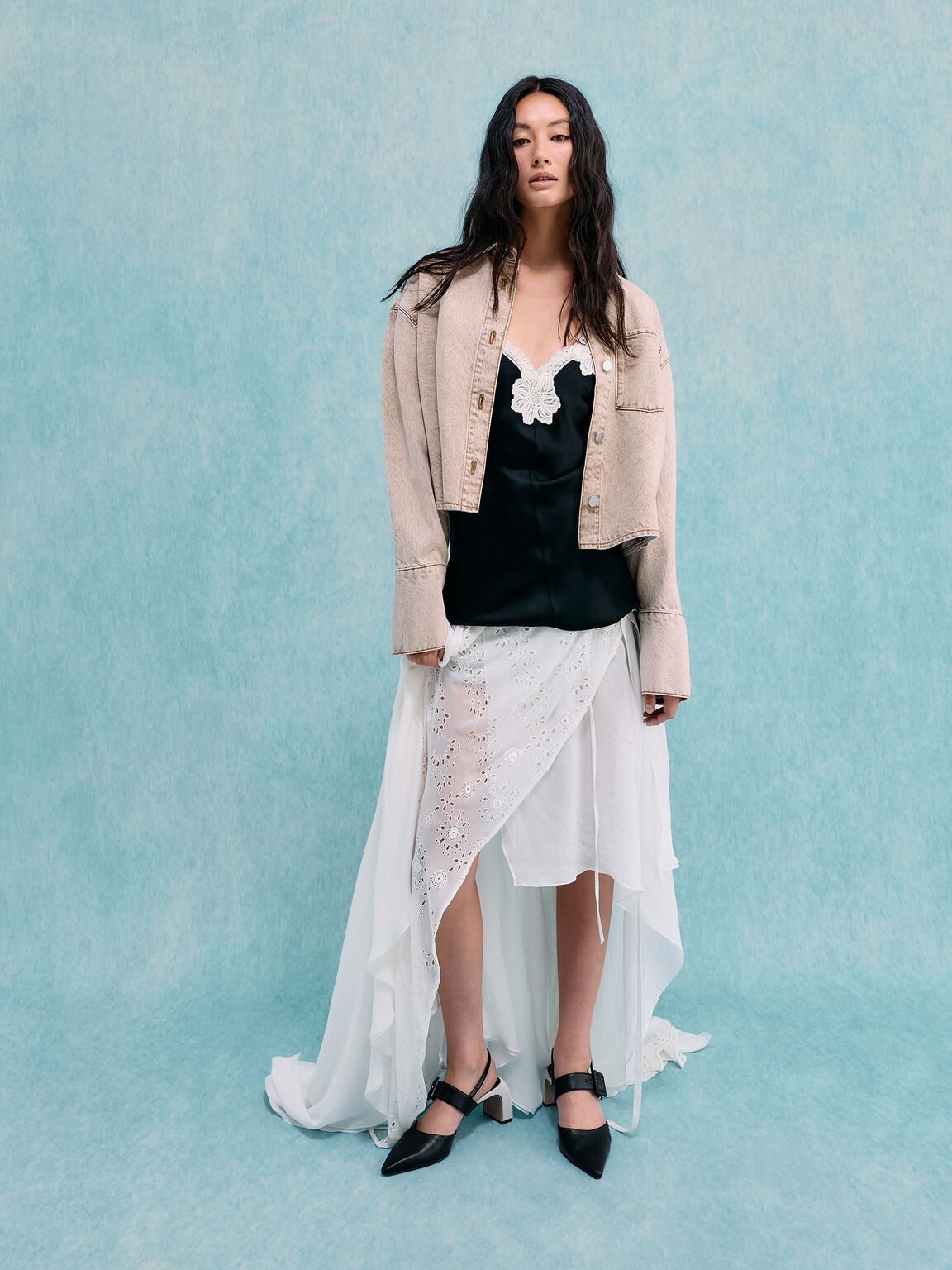 ツートーン バックルポインテッドスリングバックパンプス, ブラック, hi-res