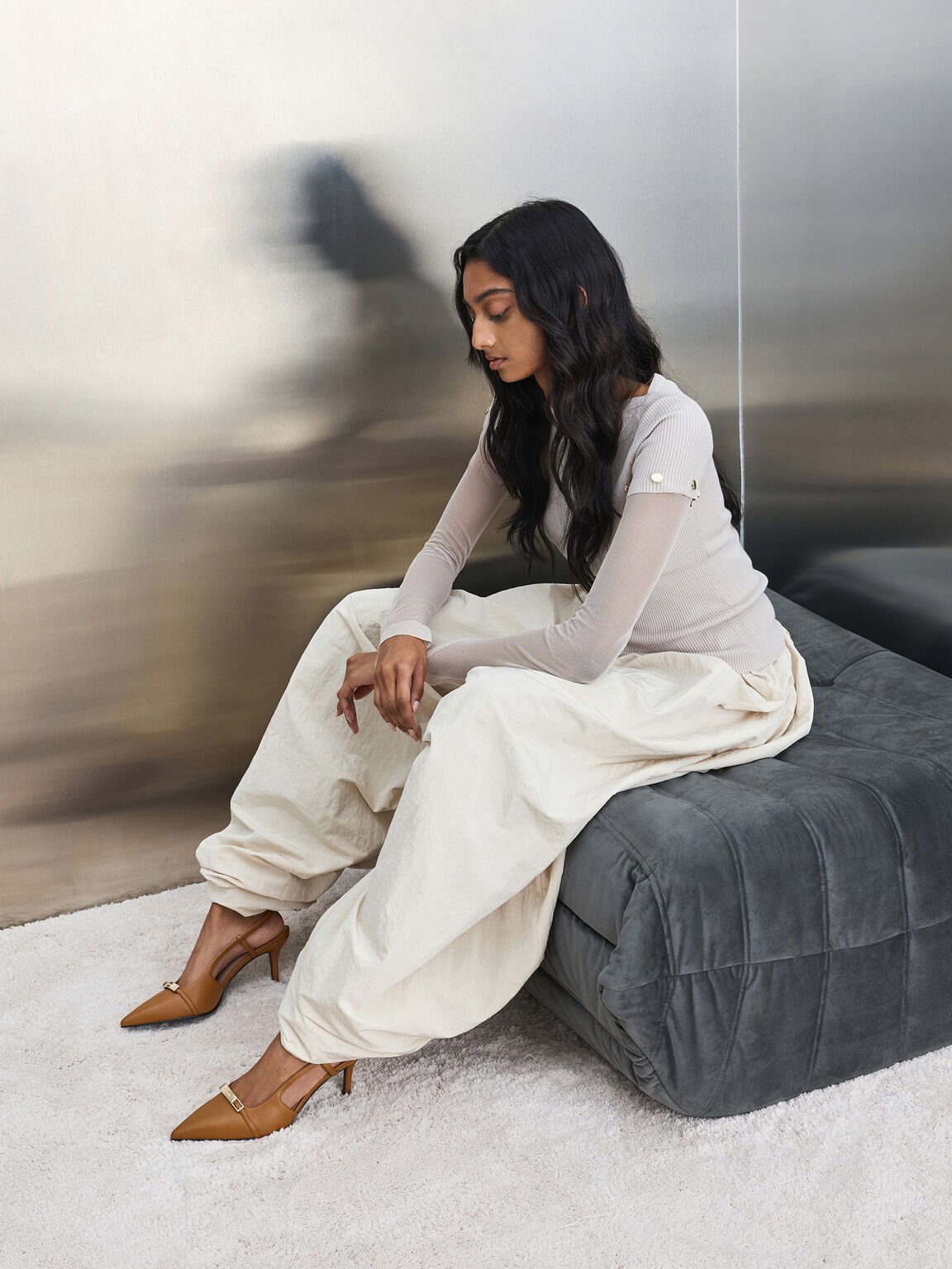 メタリックバー ポインテッドスリングバックスティレット, コニャック, hi-res