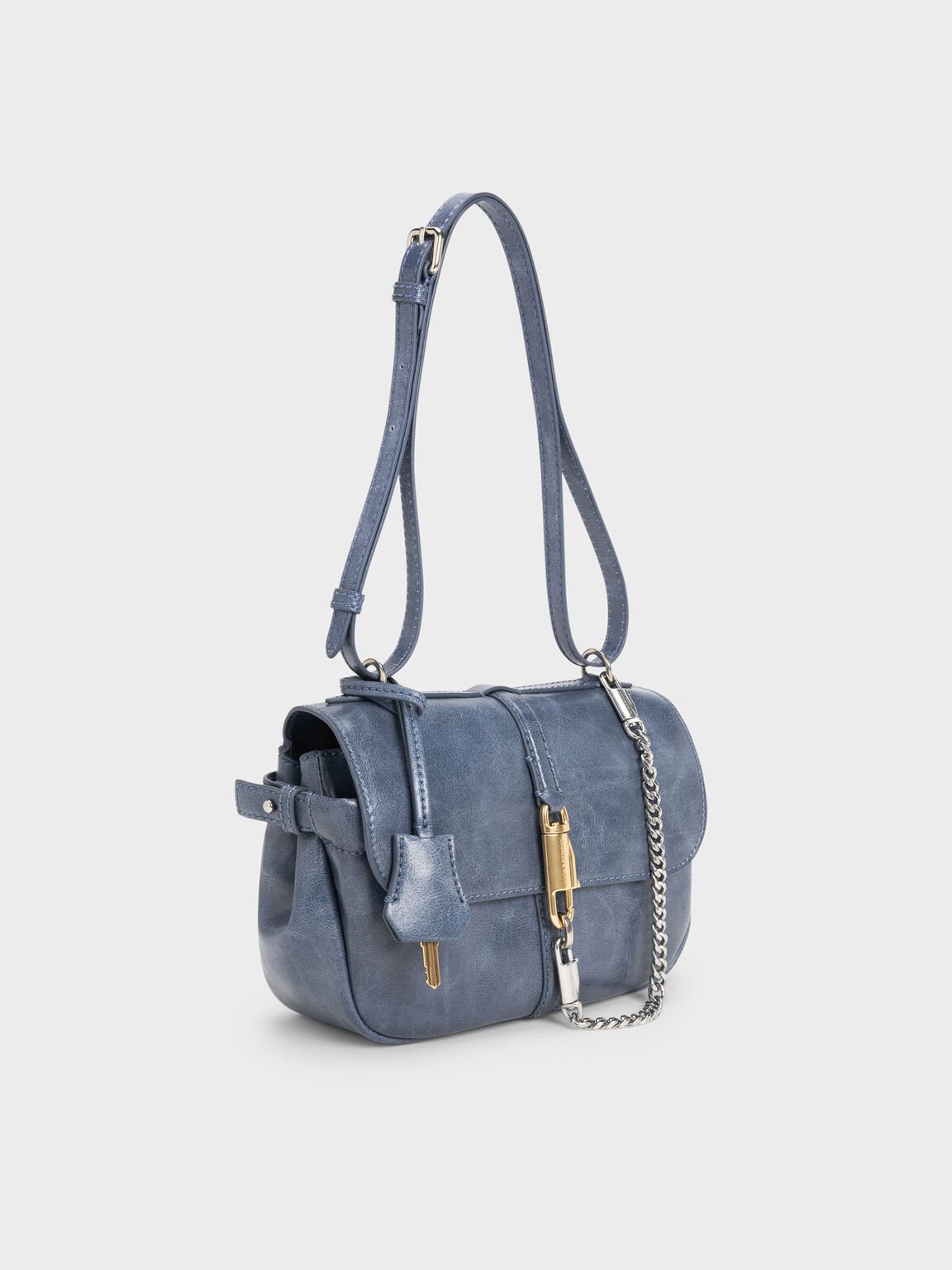 Delfina デルフィナ チェーンクロスボディーバッグ, ディストレスドミッドナイトブルー, hi-res