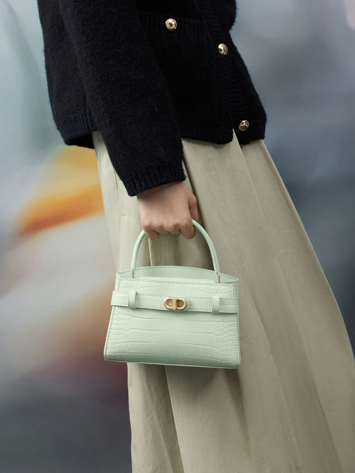 Aubrielle オブリエル クロックエフェクトトップハンドルバッグ, ミントグリーン, hi-res